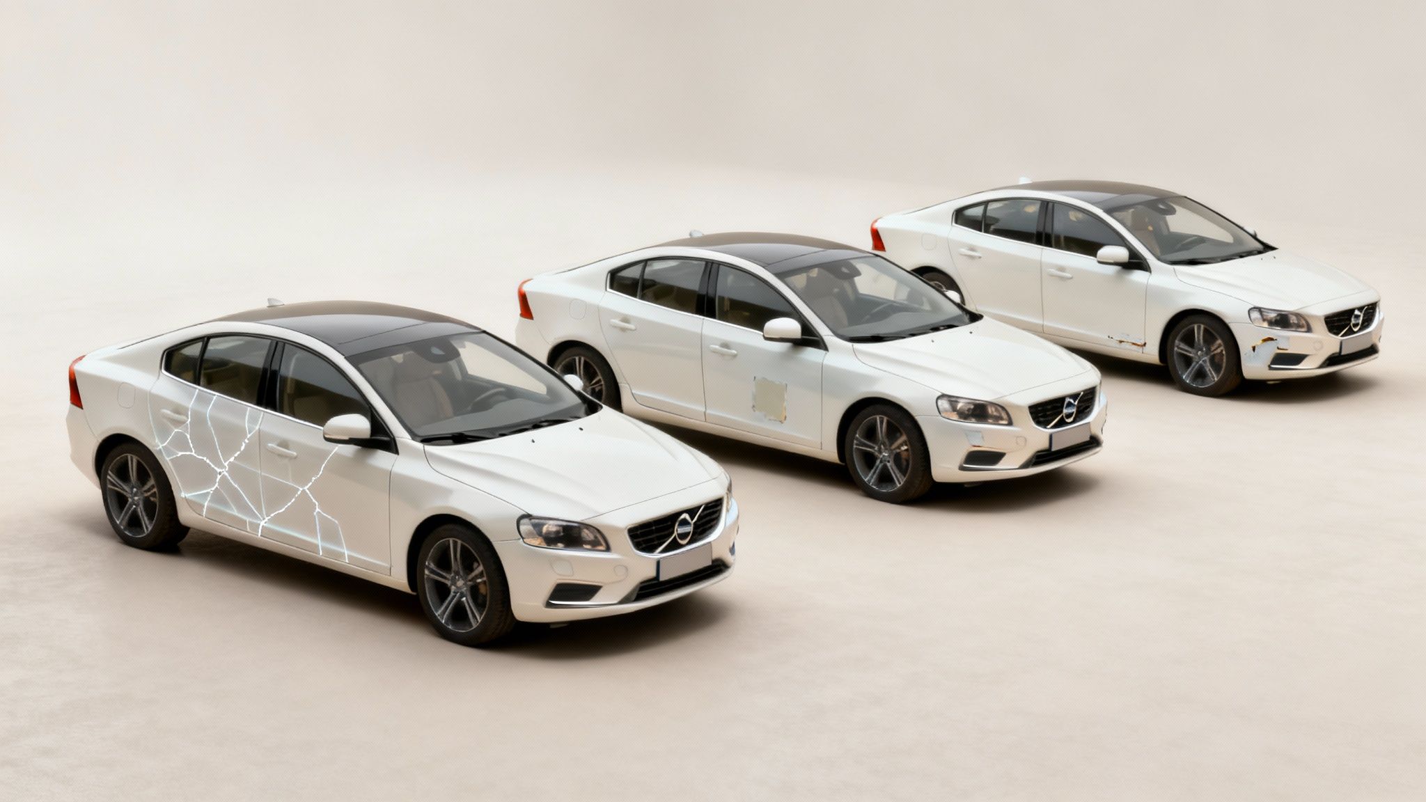 Three white sedans display varying levels of damage, including cracks, a patch, and rust.