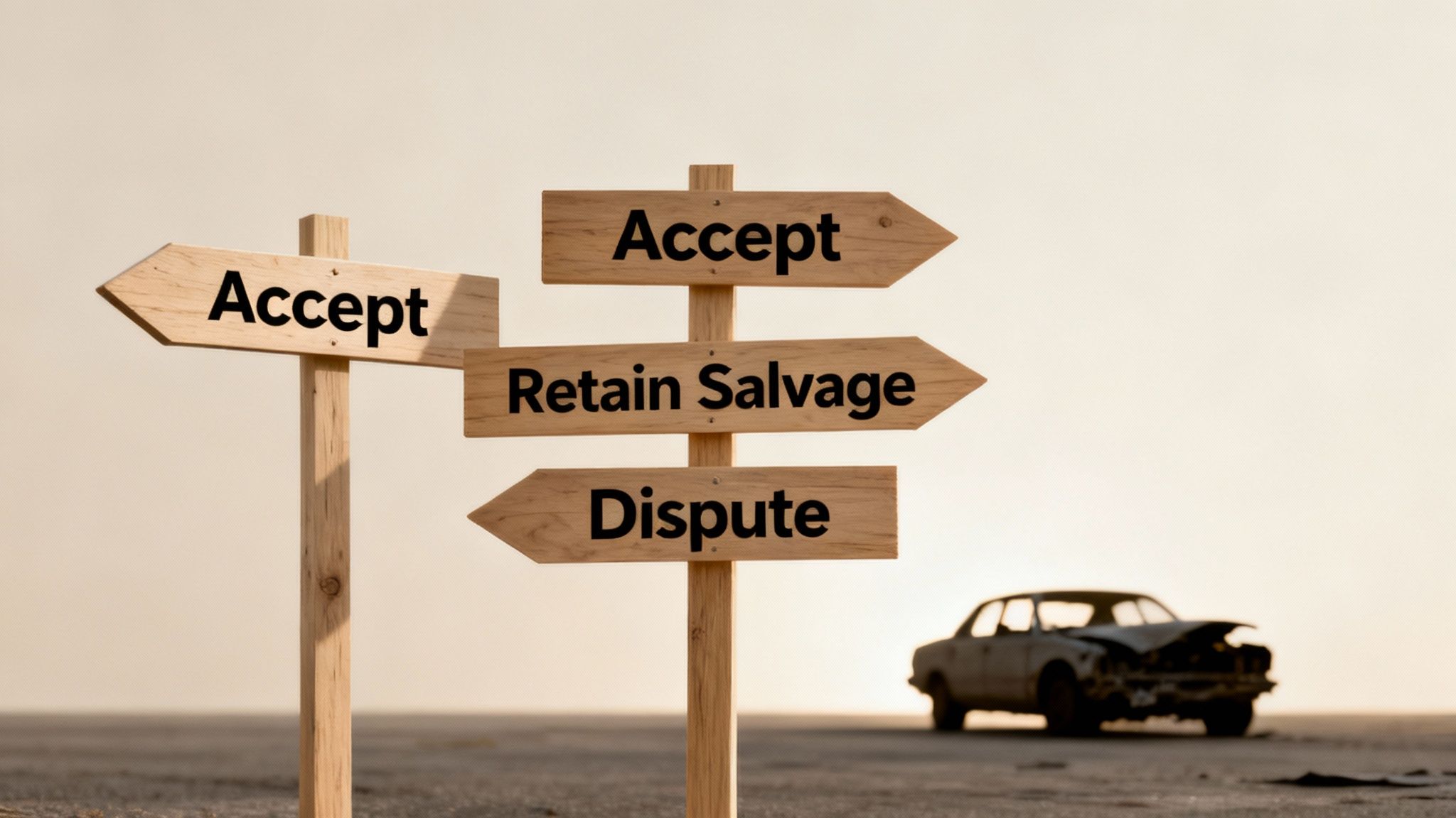Wooden signposts on a road offering choices: Accept, Retain Salvage, Dispute, with a wrecked car nearby.
