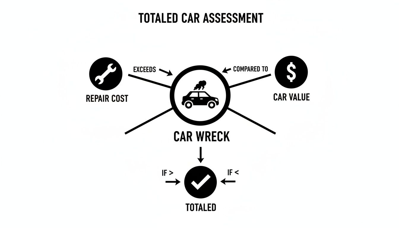 Diagram explaining total loss car assessment based on repair costs and vehicle value.