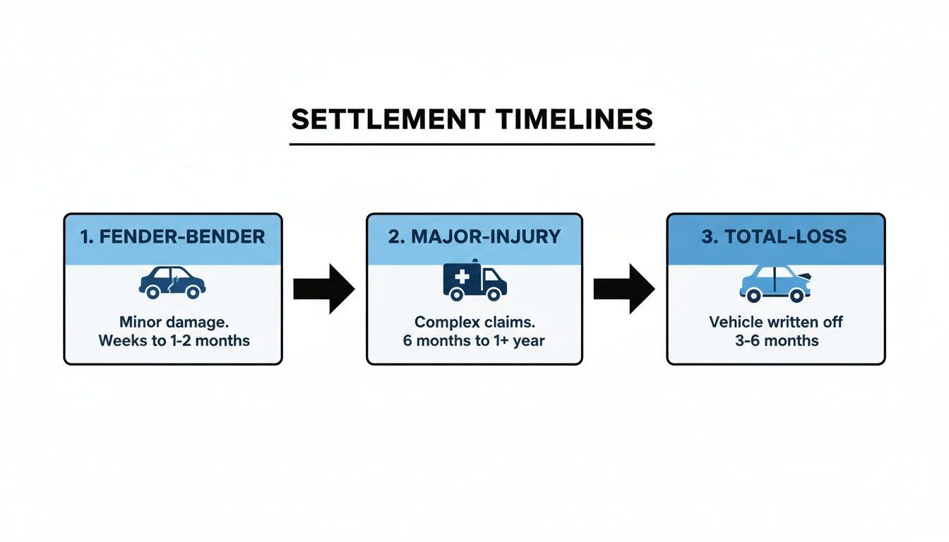 A diagram illustrating settlement timelines for car accidents: fender-bender (1-2 months), major-injury (6+ months), total-loss (3-6 months).