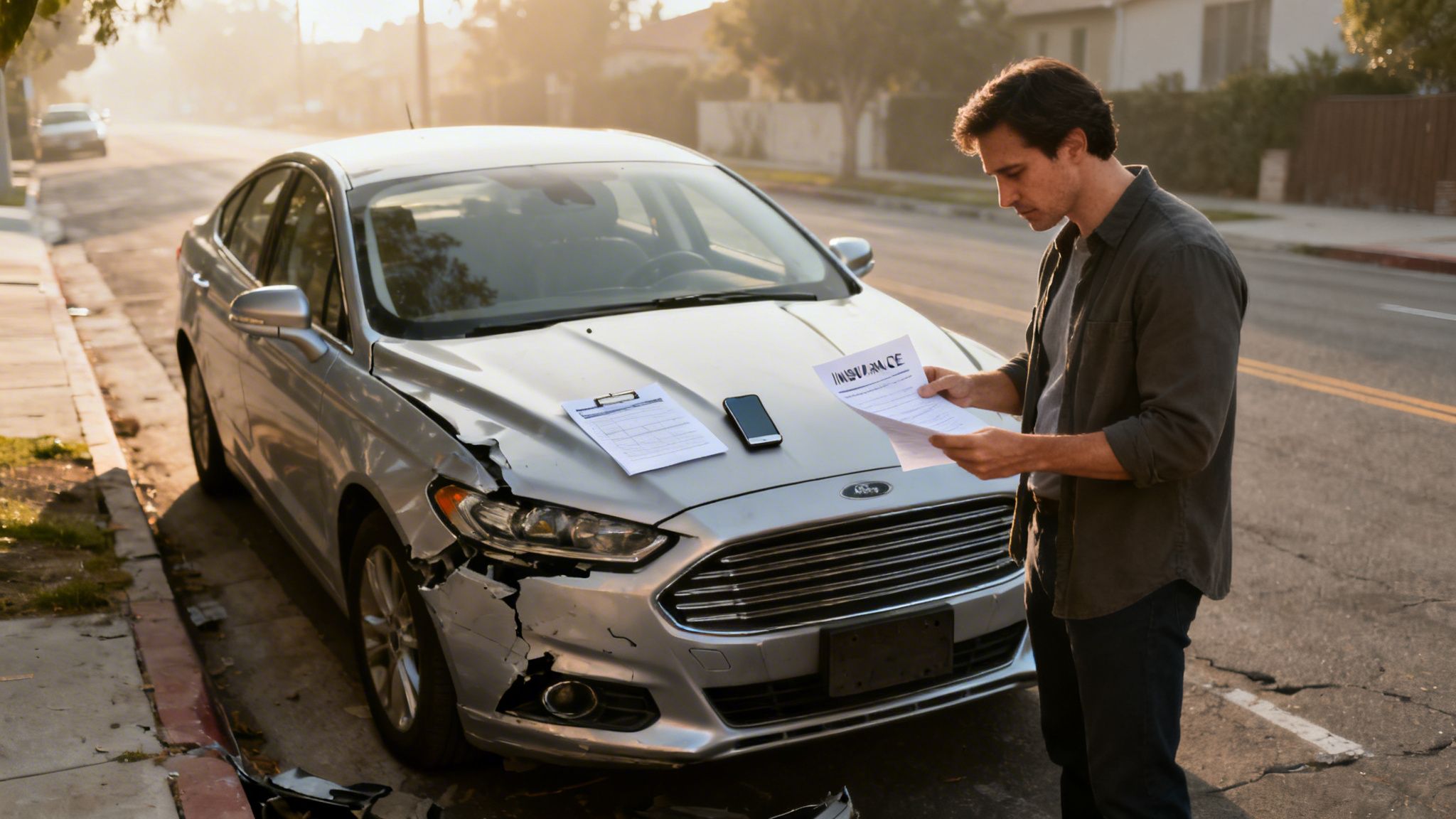 A man reviews insurance papers on the hood of his damaged silver car after an accident.