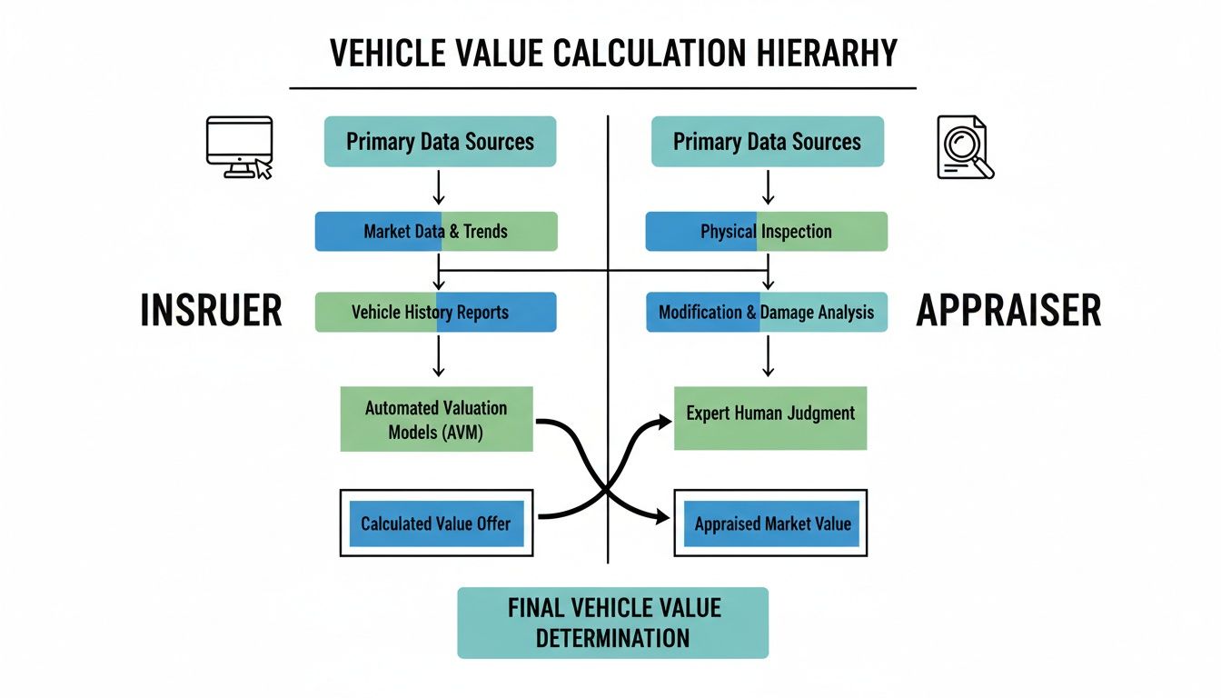 Flowchart illustrating vehicle value calculation hierarchy, detailing insurer and appraiser processes for final determination.