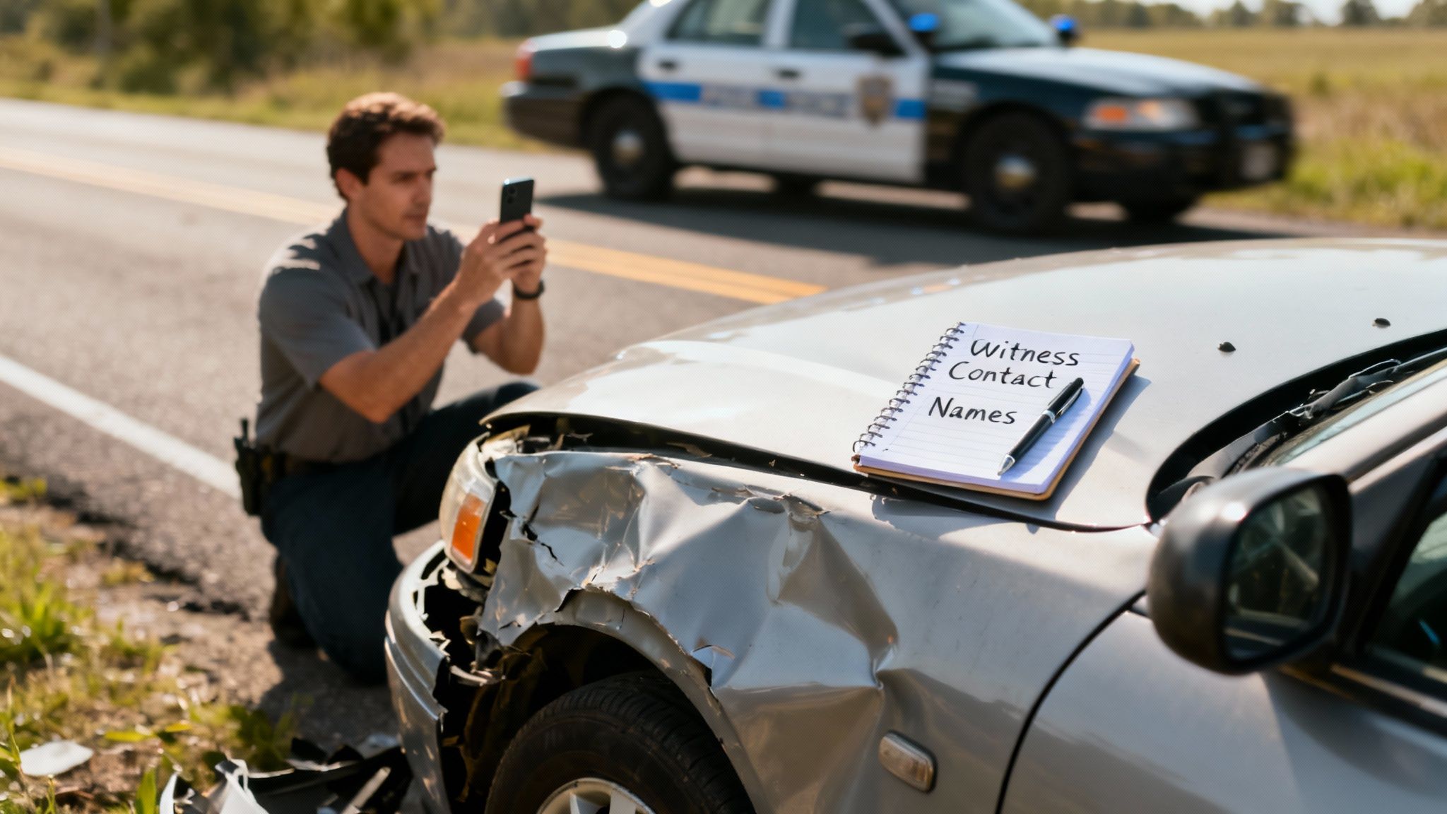An investigator photographs a wrecked car at an accident scene with a police car and witness notebook.