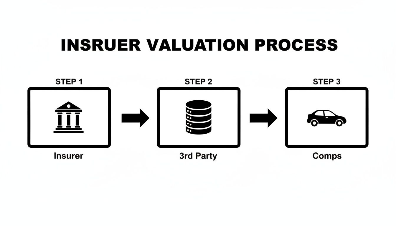 Flowchart showing the insurer valuation process, moving from the insurer to a third party and then to comparable cars.