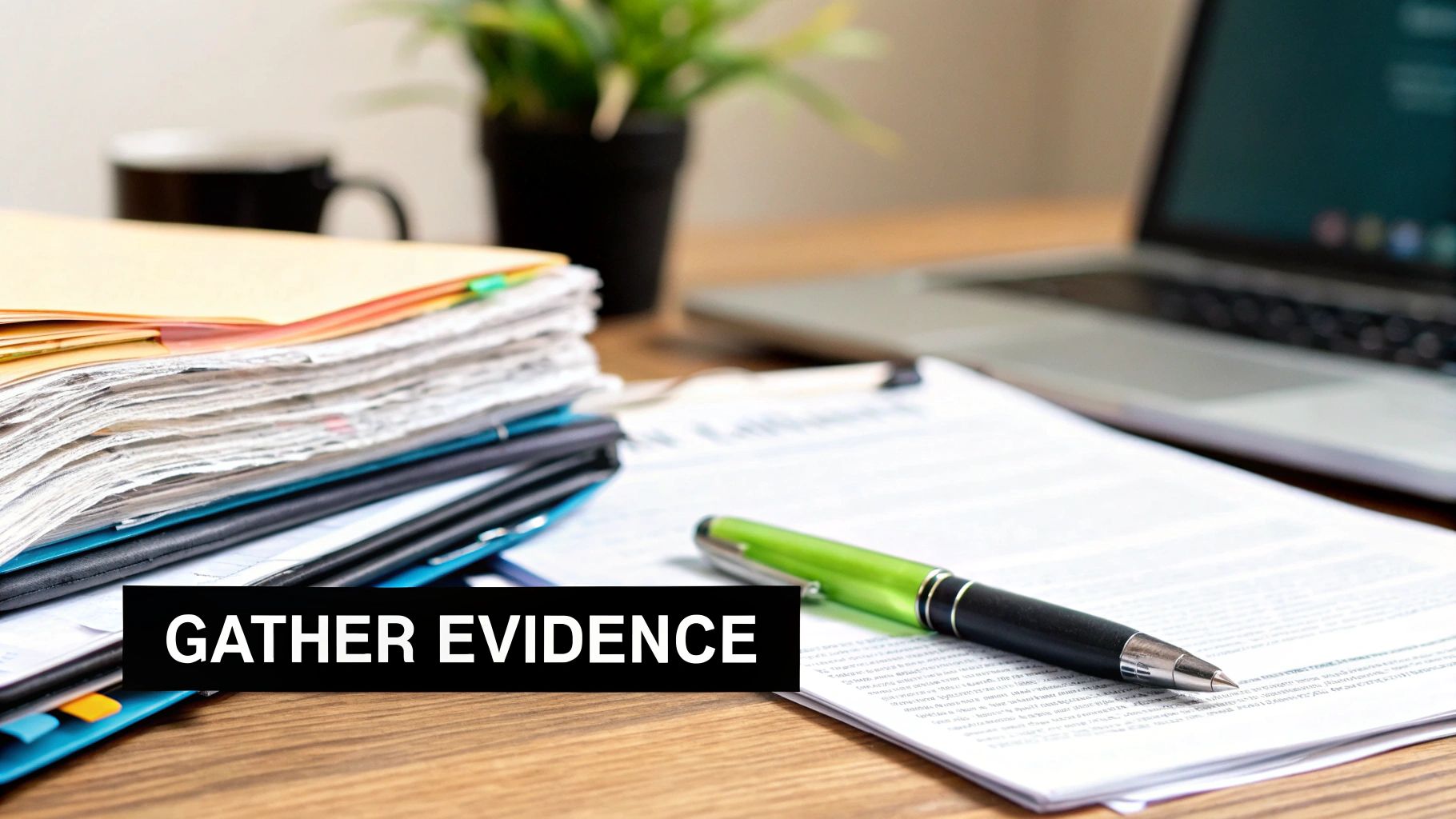 A person is organizing a pile of documents, photos, and receipts on a wooden desk, creating a claim evidence folder.