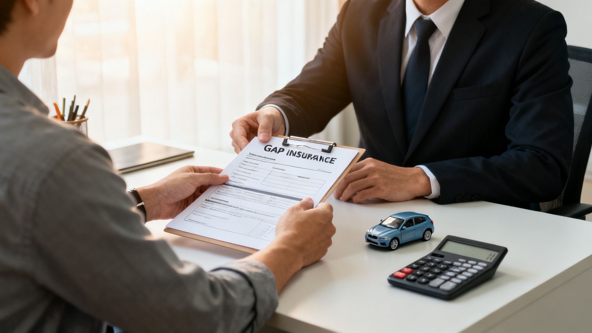 Two men discussing a GAP insurance policy for a financed car, with a toy car and calculator.
