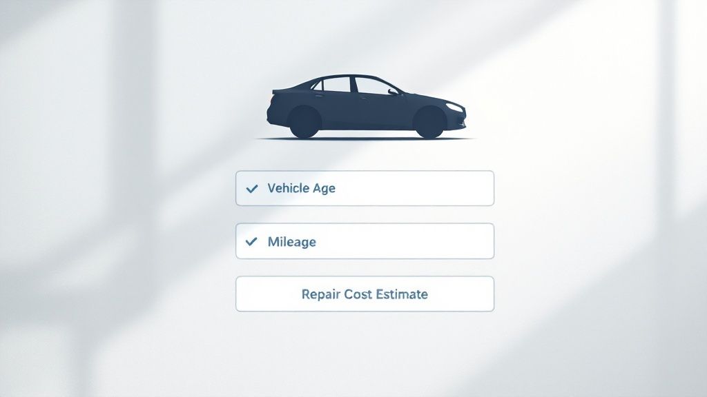 A person looking at a severely damaged car by the side of the road, looking concerned.