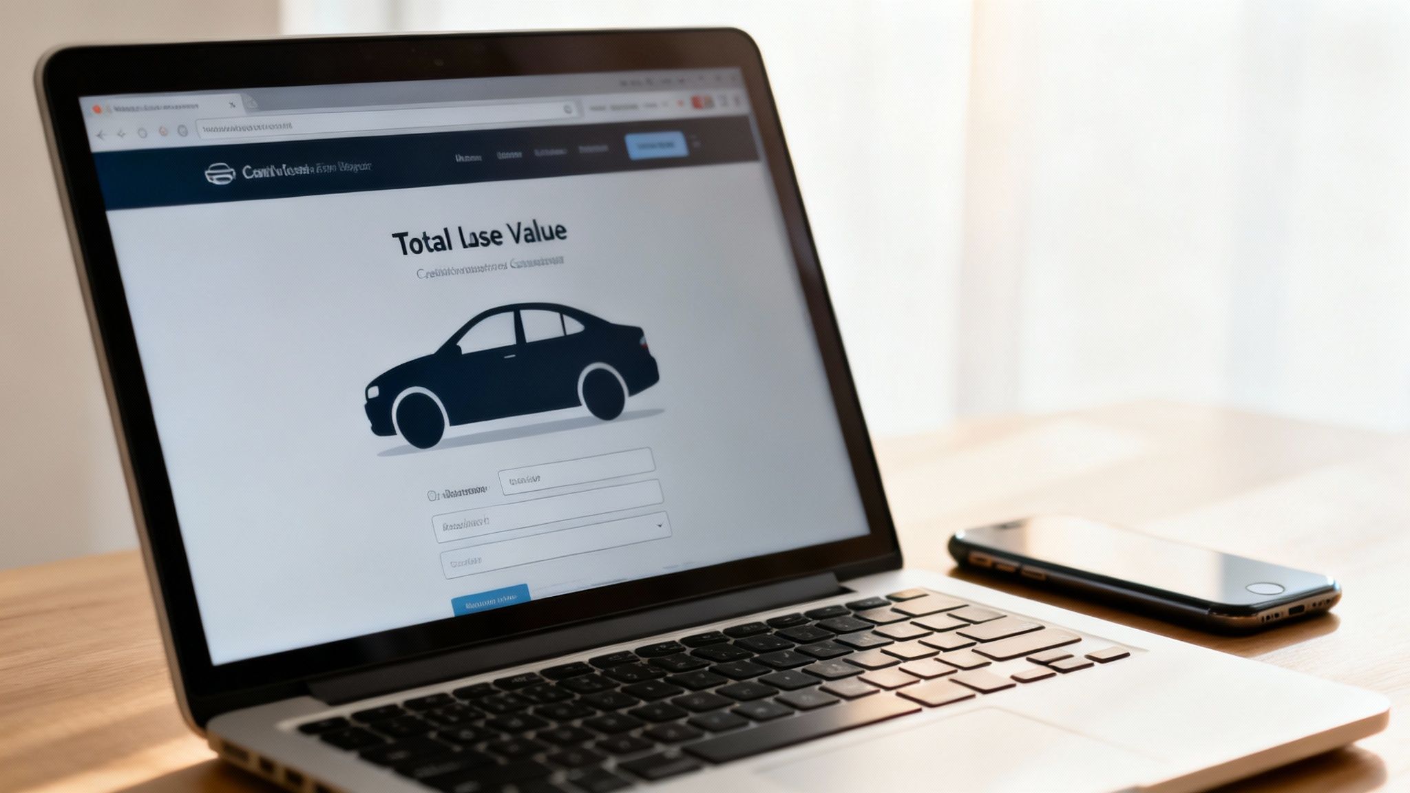 A person using a laptop to access an online car valuation tool, with a picture of their car nearby.