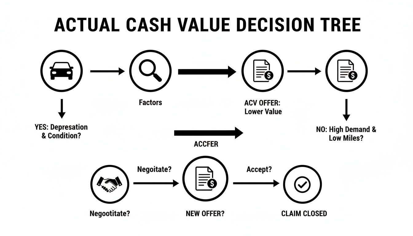 A decision tree flowchart for actual cash value (ACV) of a car, showing offers and negotiation.