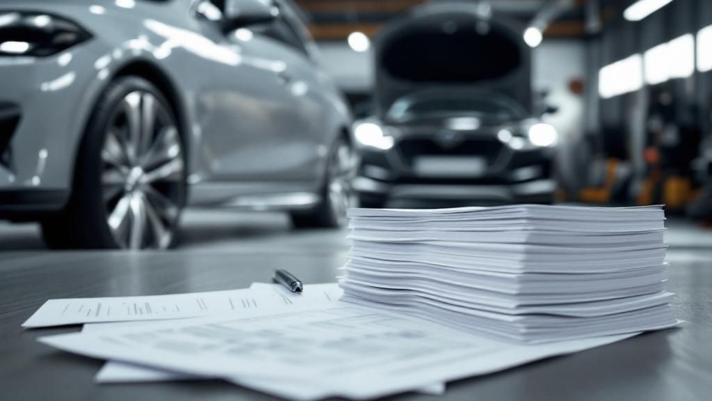 A person carefully reviewing an insurance claim form and repair receipts with a calculator nearby.