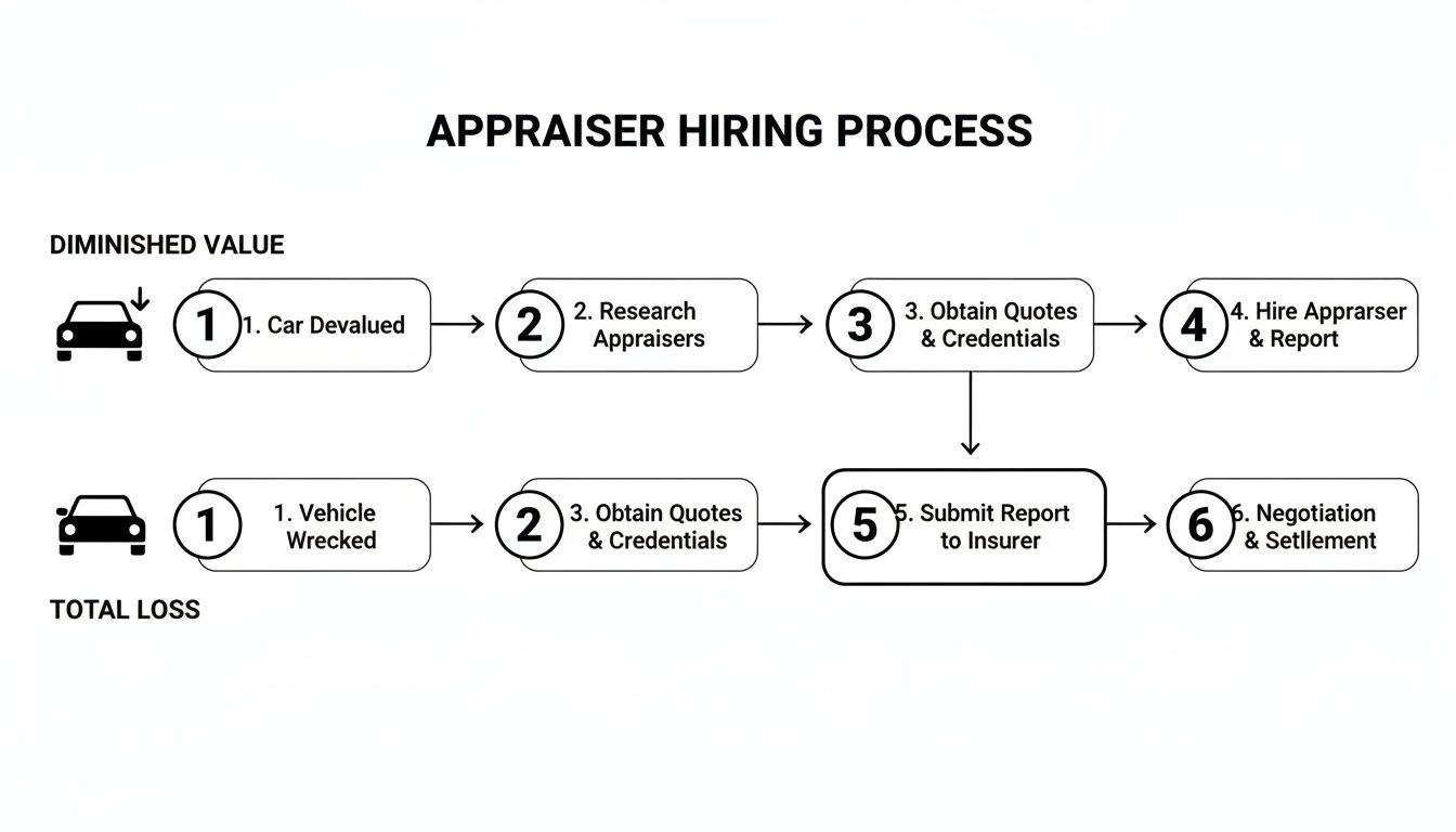 A flowchart detailing the appraiser hiring process for both diminished value and total loss car claims.