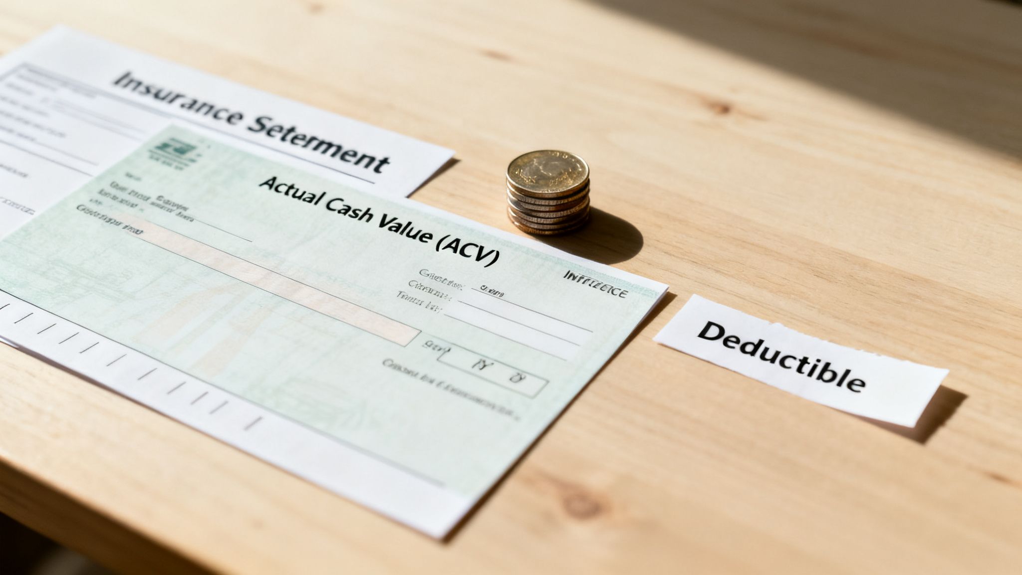 Insurance settlement document, ACV check, coins, and 'Deductible' note on a wooden table.