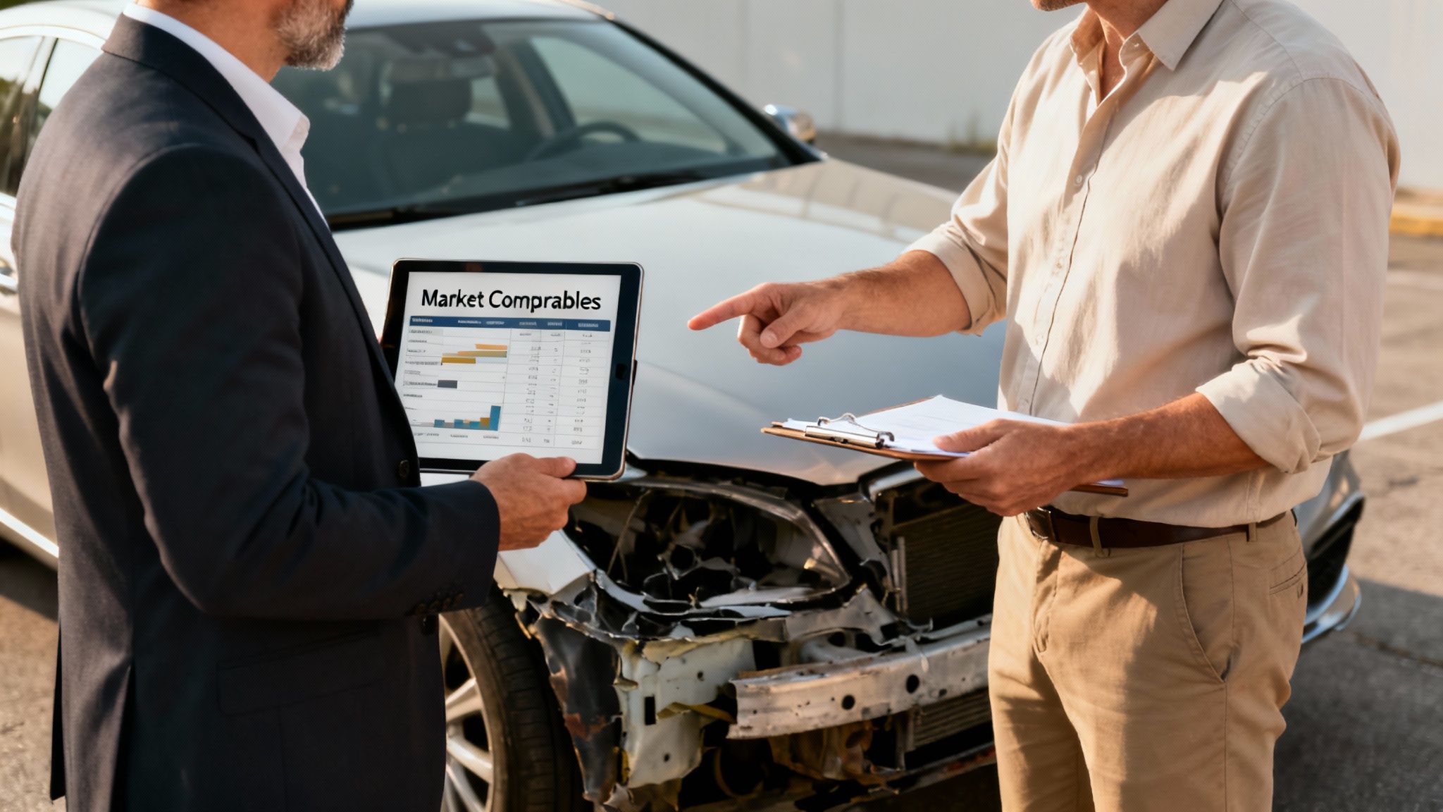 An insurance agent and car owner review market comparables on a tablet for a totaled car.