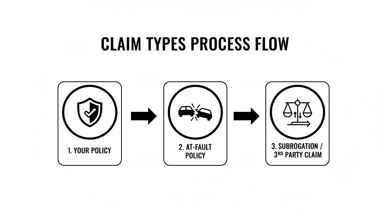 A flowchart showing three claim types: Your Policy, At-Fault Policy, and Subrogation/3rd Party Claim.
