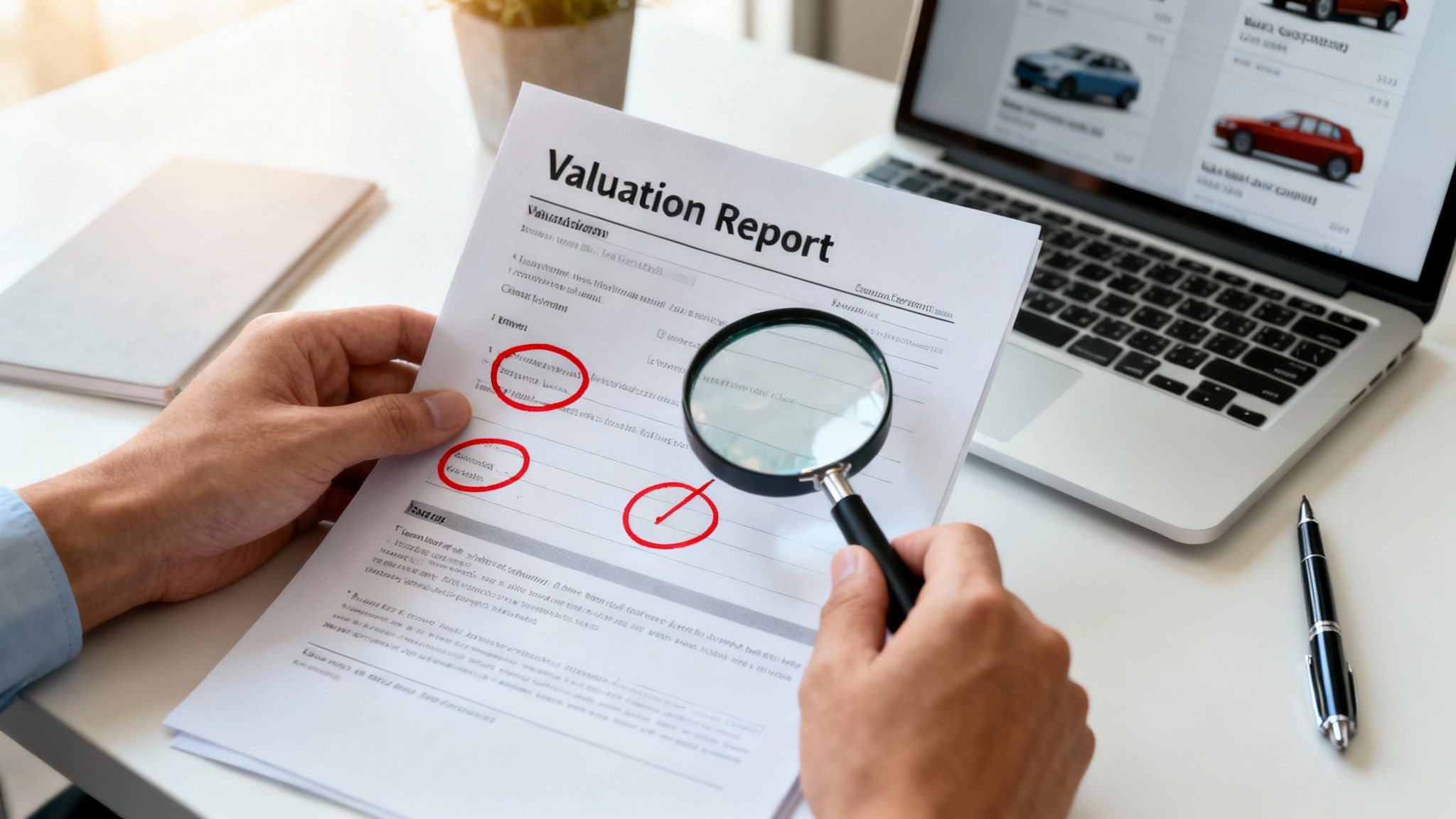 Person examining a 'Valuation Report' with a magnifying glass, next to a laptop displaying cars, suggesting a car appraisal.