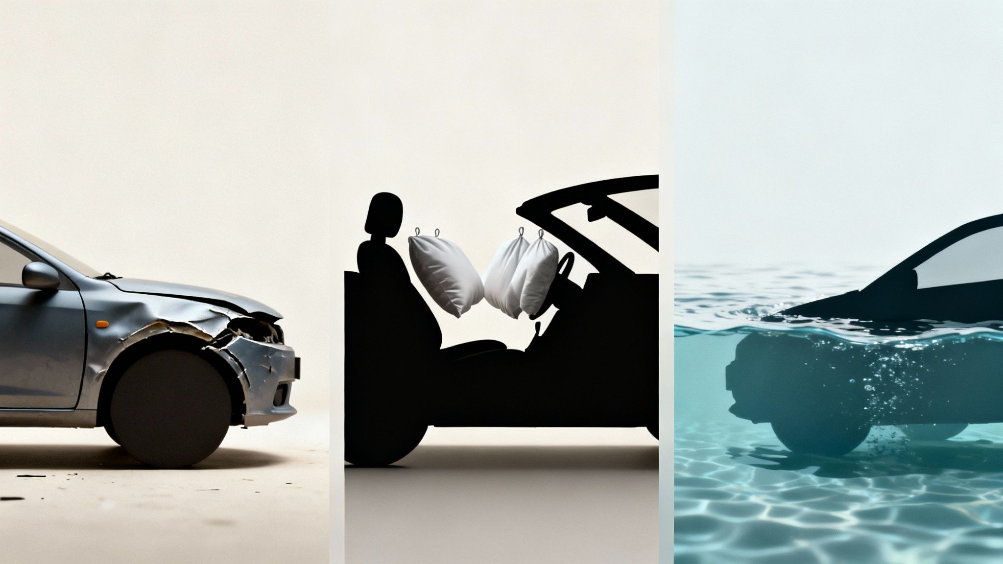 A severely damaged car being towed away after an accident, symbolizing a total loss scenario.