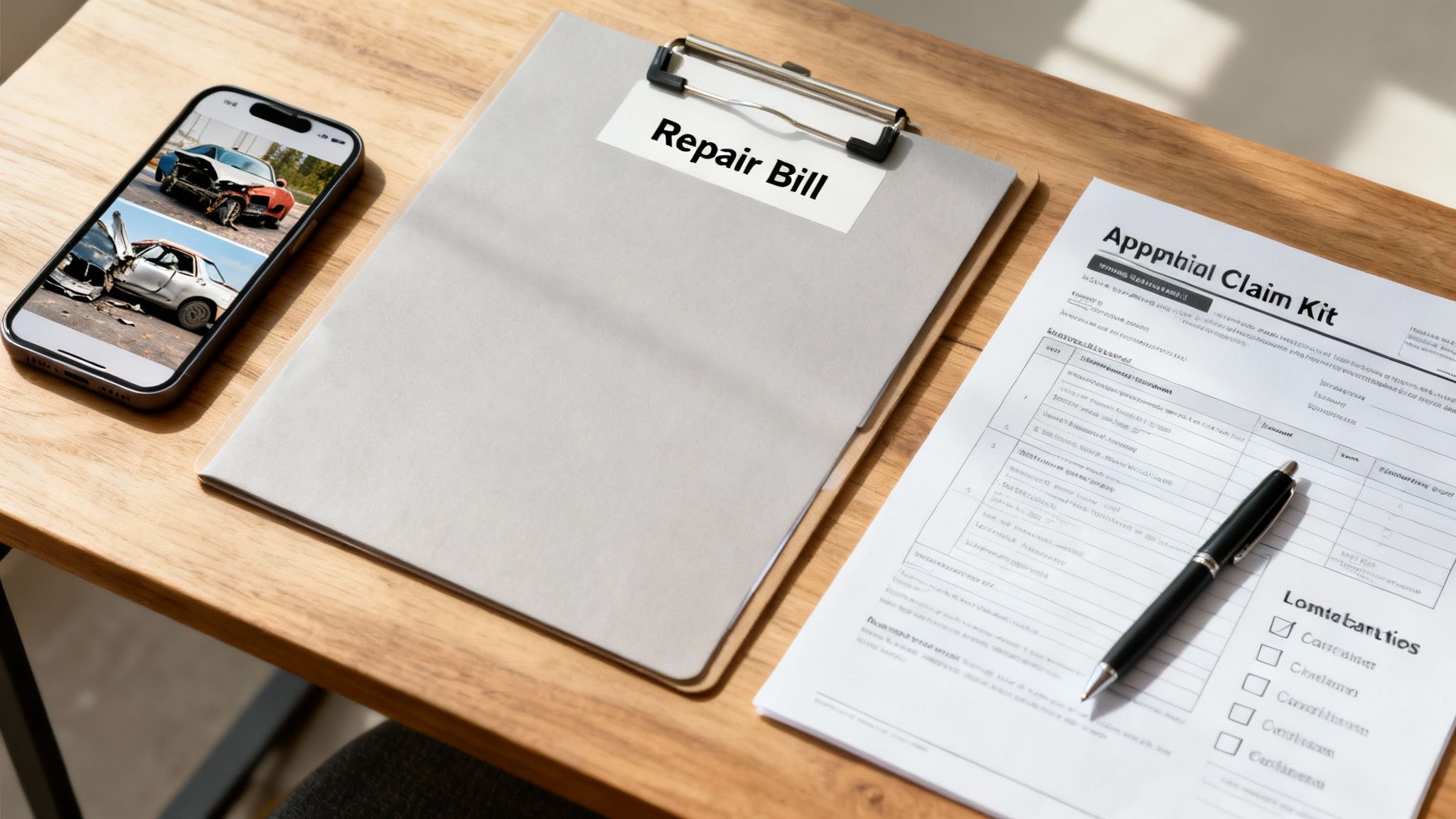 A desk with a smartphone showing crashed cars, a repair bill, and an appraisal claim kit.