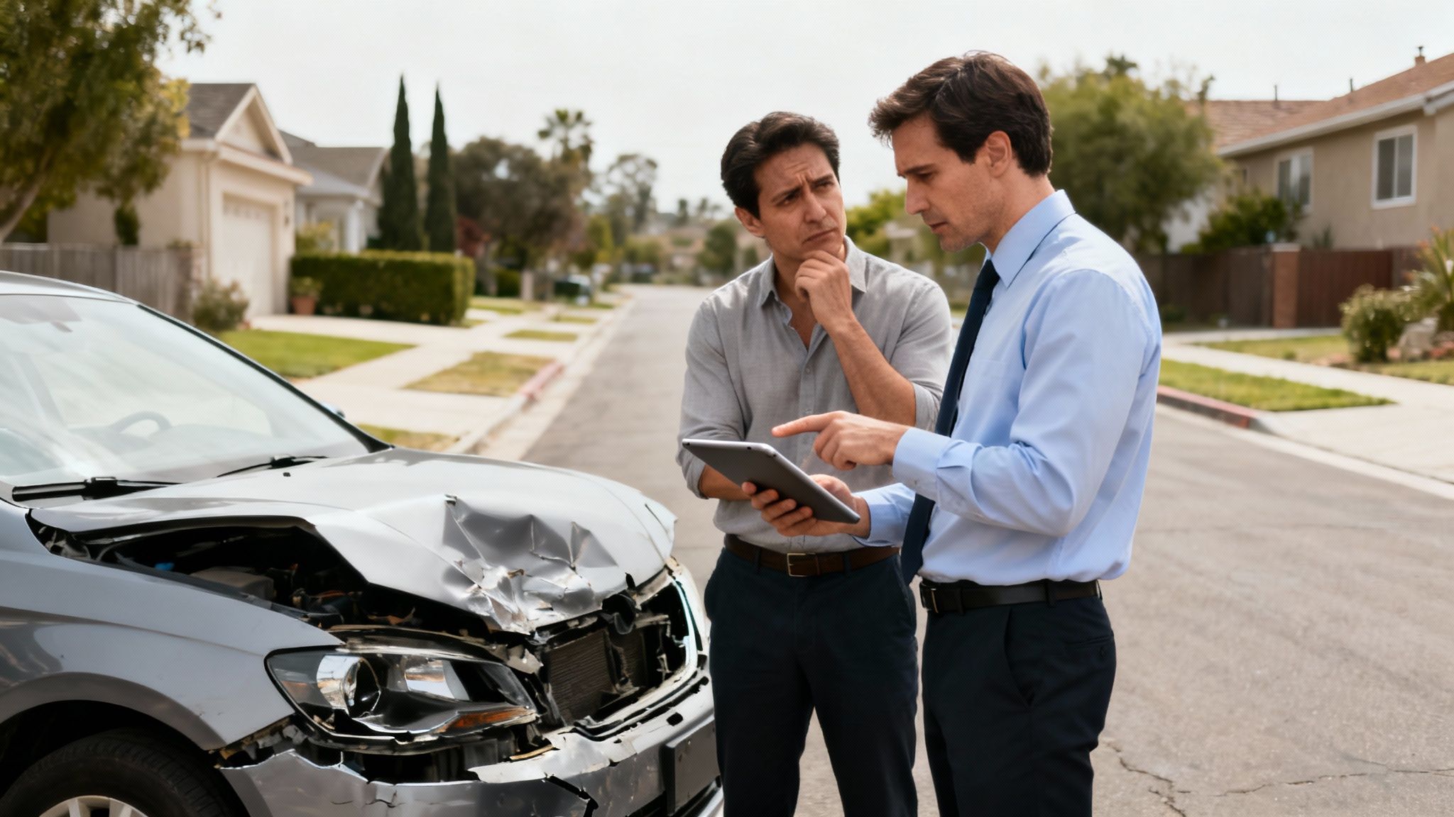 Two men, an insurance agent and a car owner, discuss damage from a car accident on a tablet.