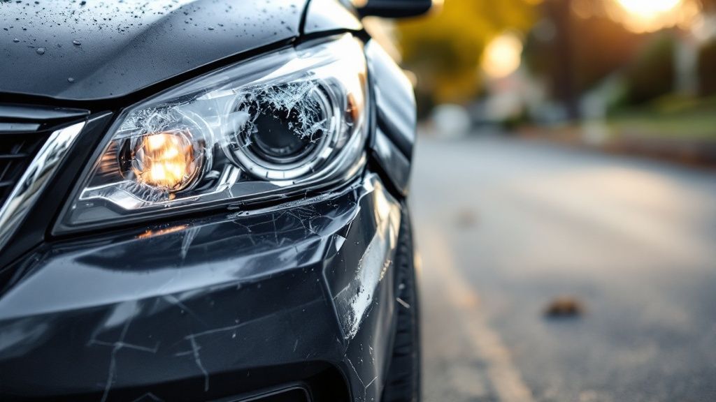 A partially damaged car with a 'total loss' sticker on the windshield, parked in a salvage yard.