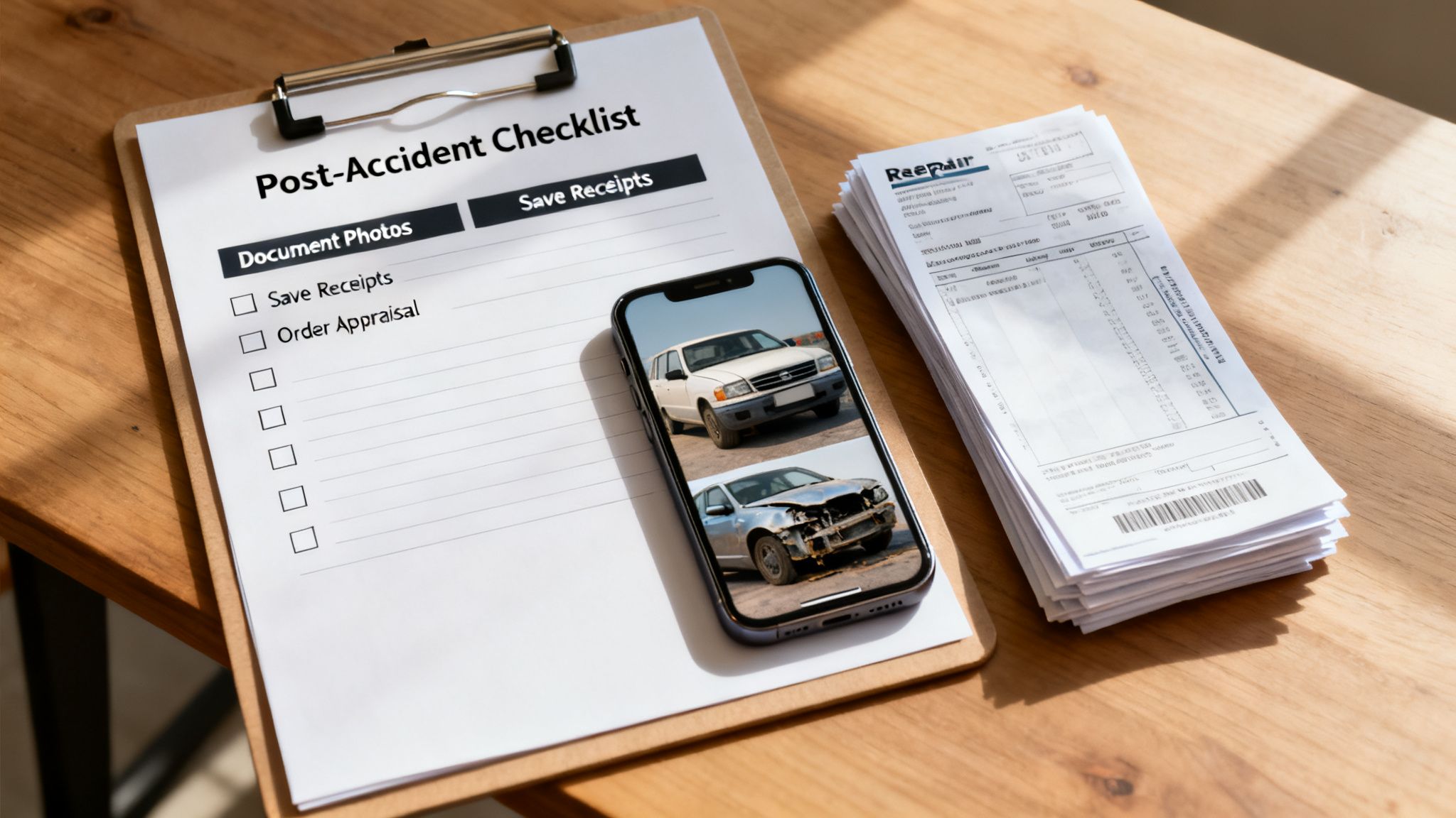 Post-accident checklist with car damage photos on a phone and repair receipts for insurance claim.