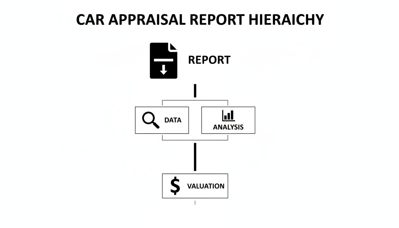Hierarchical diagram illustrating the car appraisal report process: report, data, analysis, and valuation.