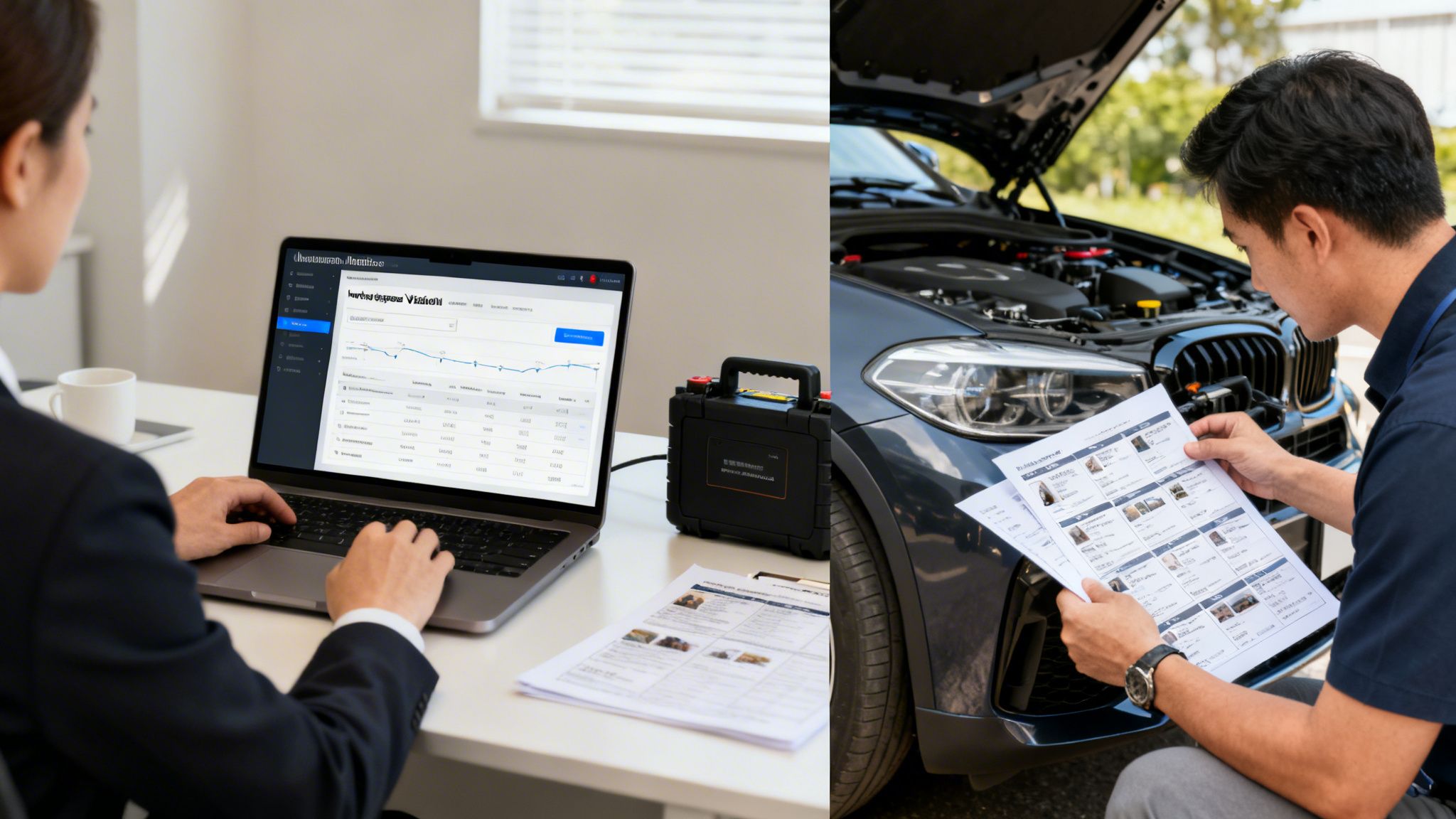 A person analyzes data on a laptop while another inspects car documents next to an open car hood.