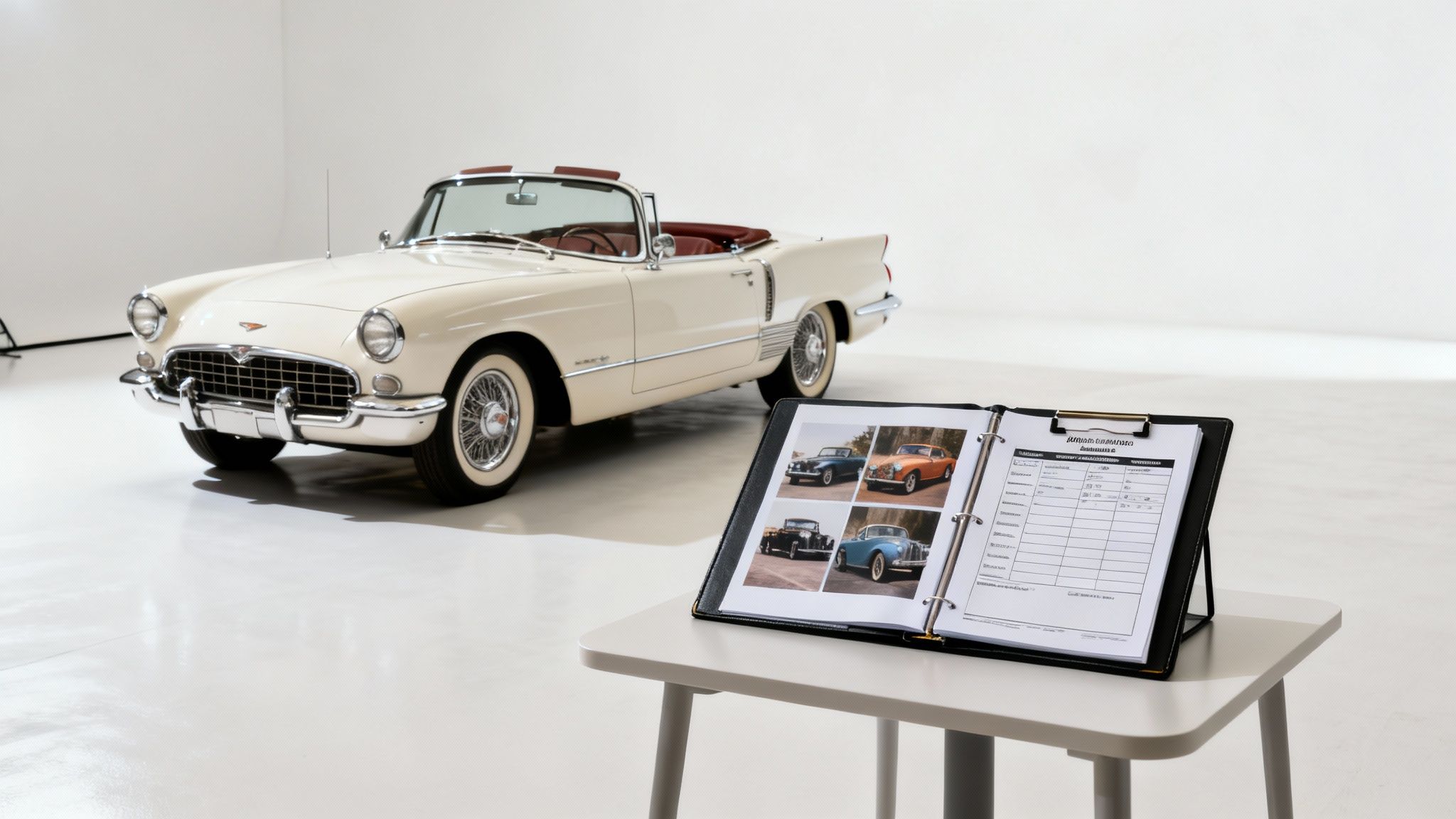 A cream-colored classic convertible car in a bright white studio, with a binder of car photos on a table.