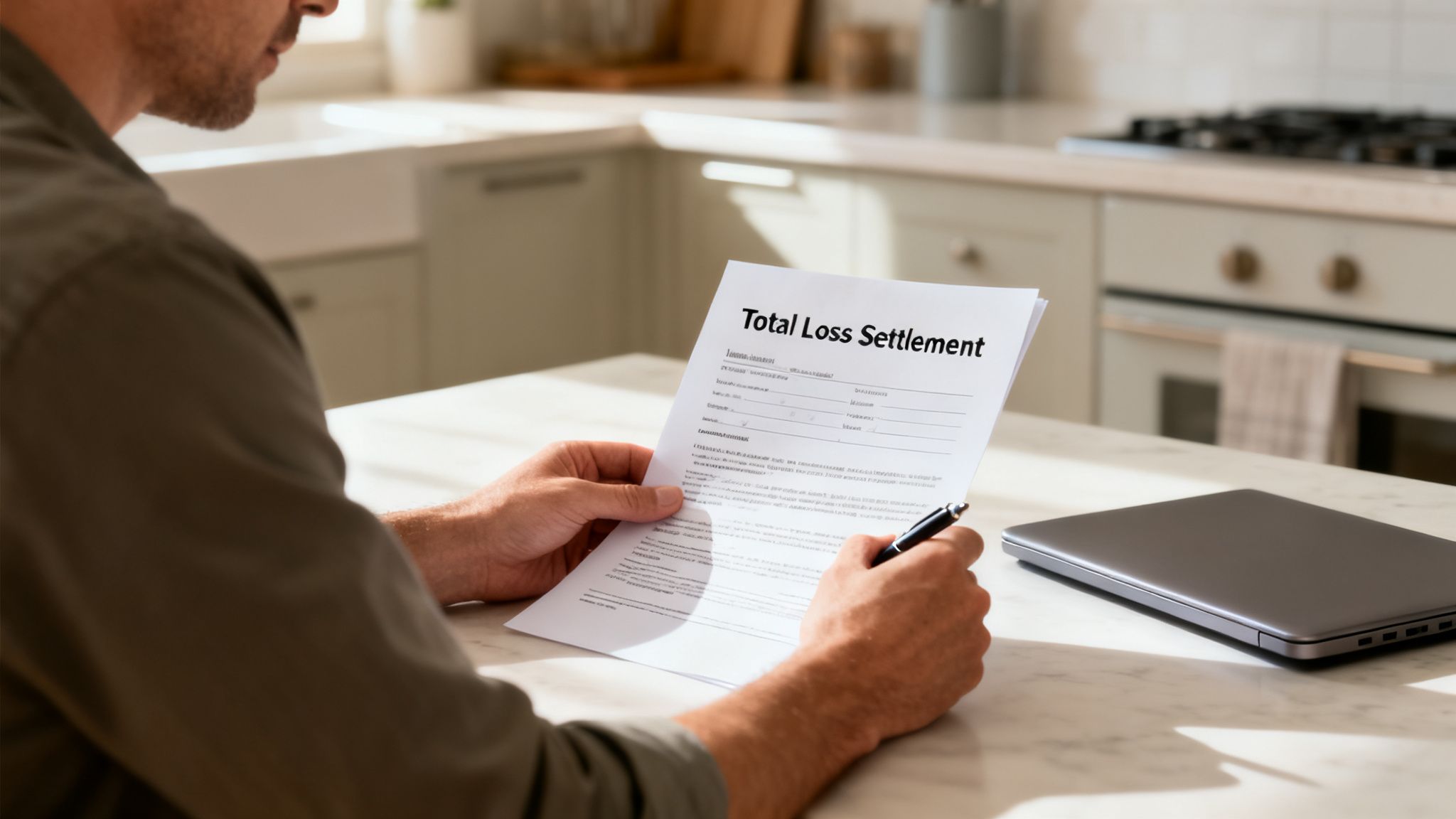Man reviewing a total loss settlement document in a modern kitchen with a laptop.