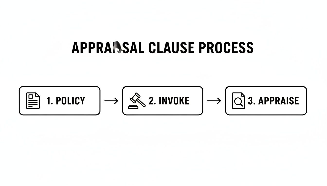 A flowchart visually outlining the three steps of the appraisal clause process: Policy, Invoke, and Appraise.