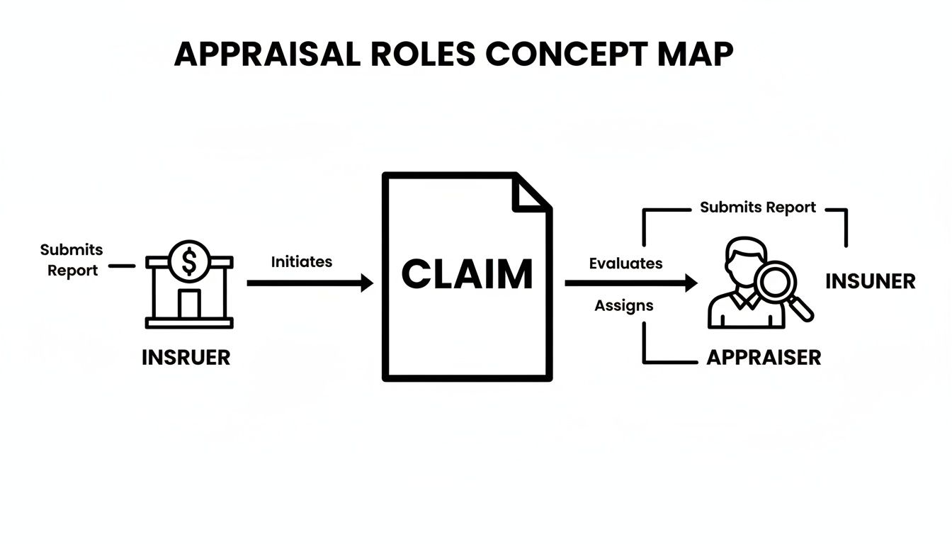 A concept map showing appraisal roles: insurer initiates a claim, which is evaluated and assigned to an appraiser and insurer.