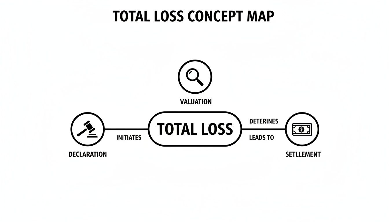 A concept map illustrating the process of total loss, from declaration and valuation to final settlement.