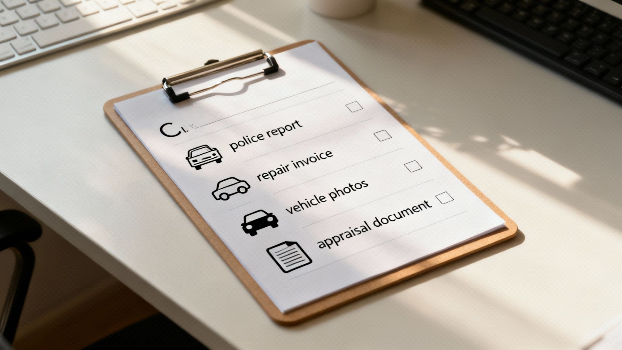 A person sitting at a desk, carefully reviewing documents like a police report and car repair invoices, with a car key and a pen nearby.