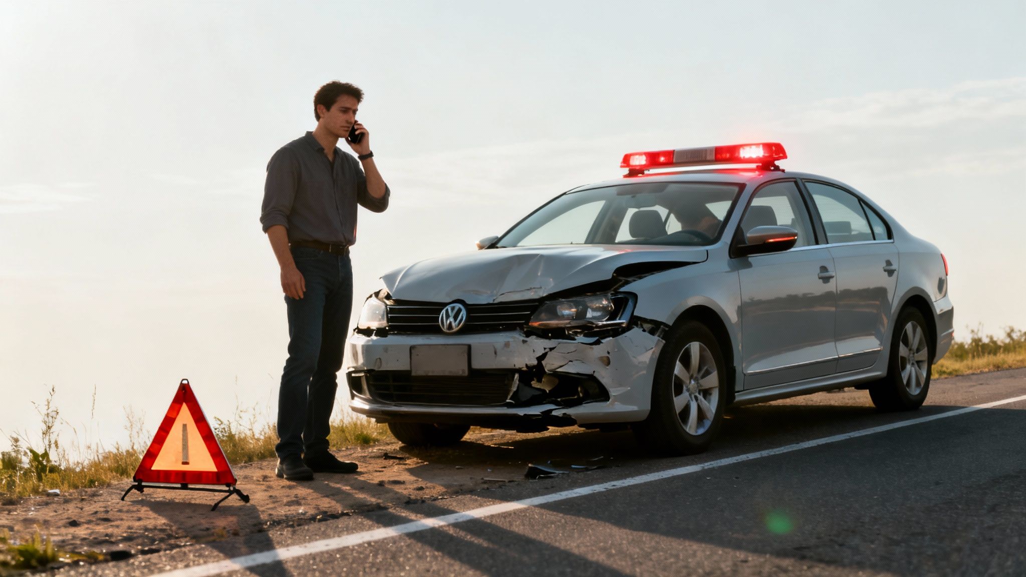 Man making a call after a car crash, with a damaged car and warning triangle.