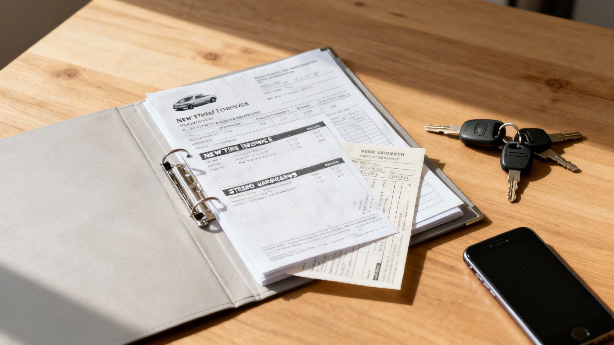 A person organizing receipts and documents related to car maintenance on a desk.