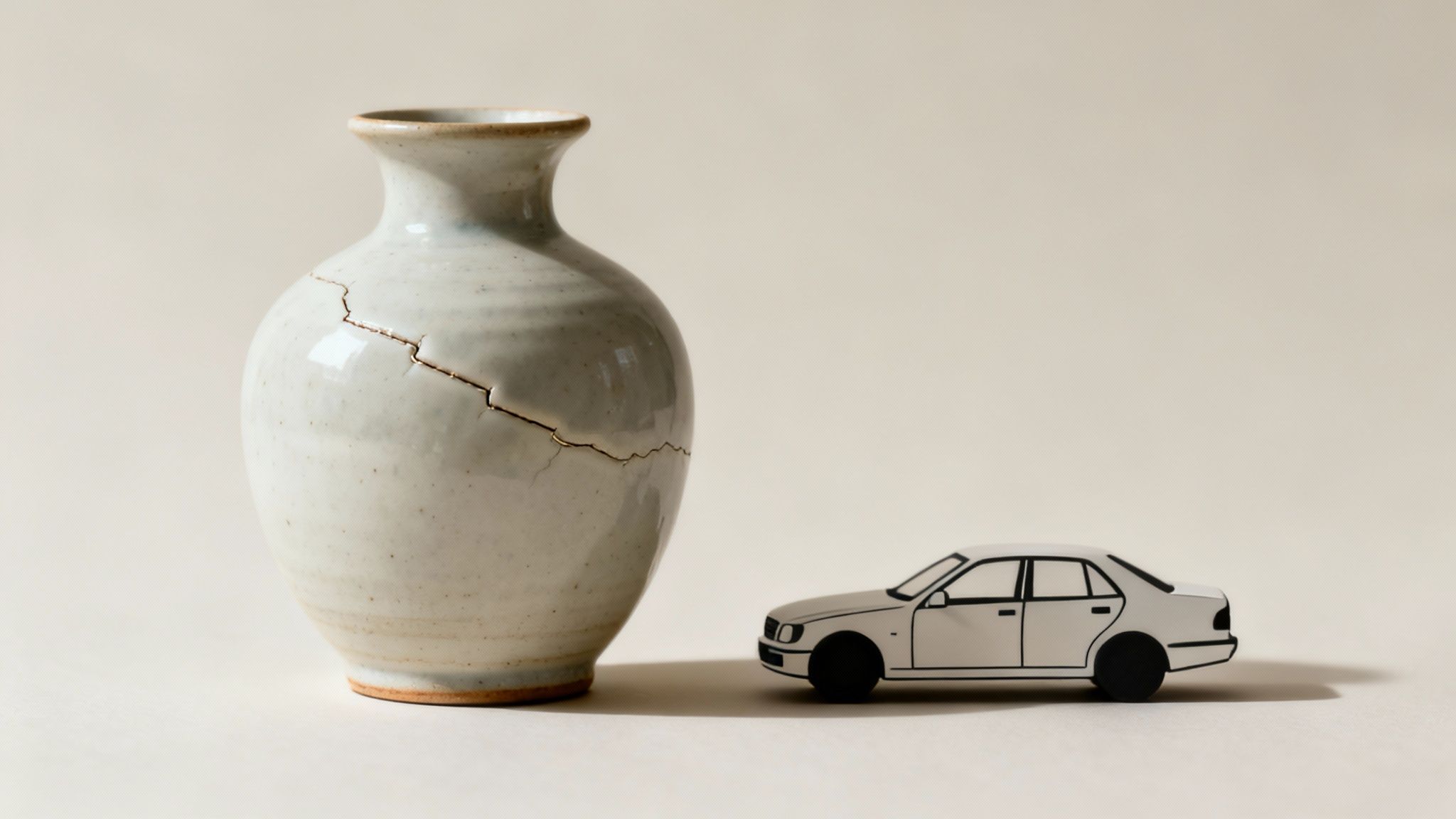 A cracked ceramic vase with a golden repair sits next to a small white toy car.