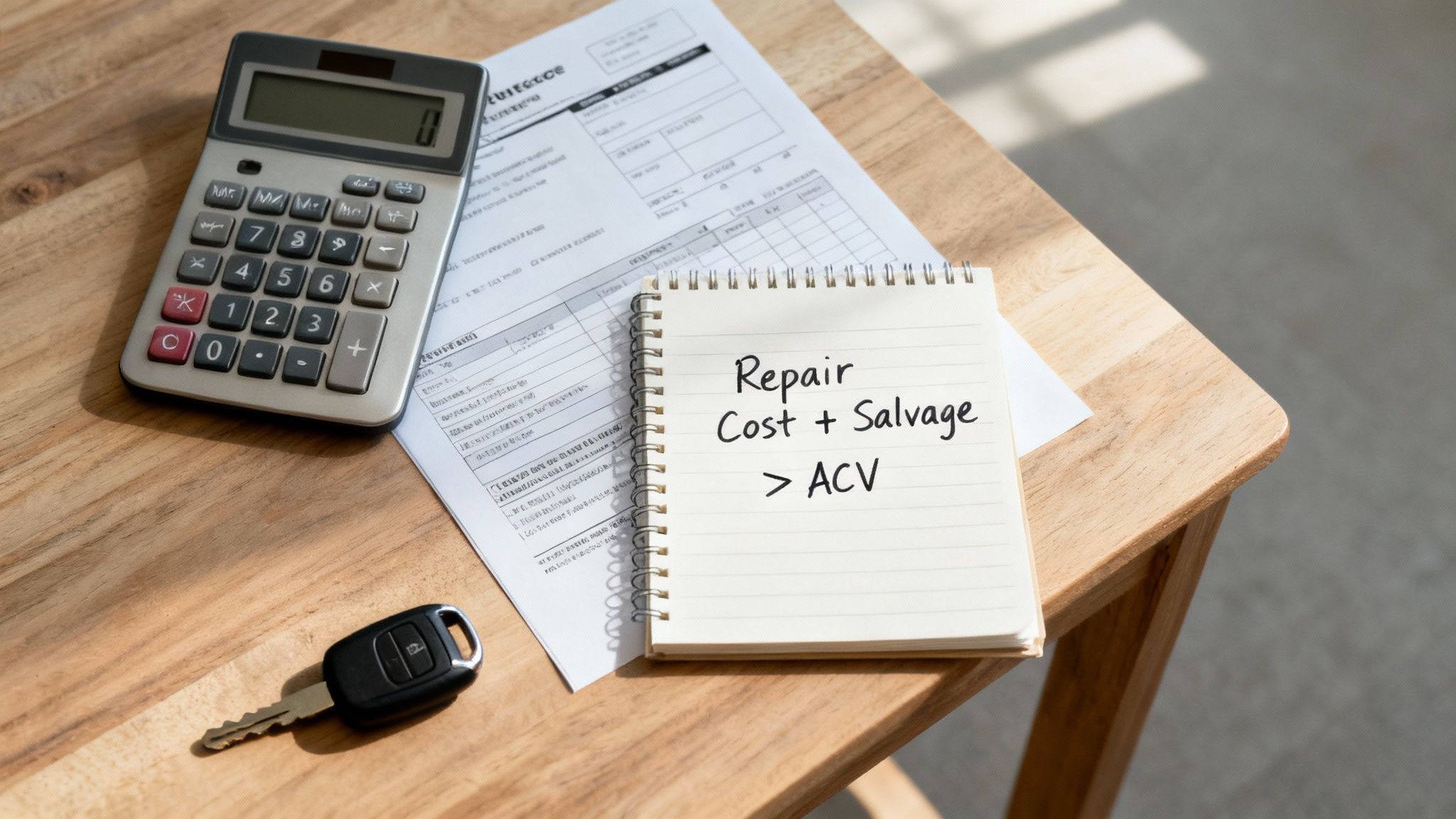 A calculator, car key, and notebook displaying "Repair Cost + Salvage > ACV" on a wooden desk.