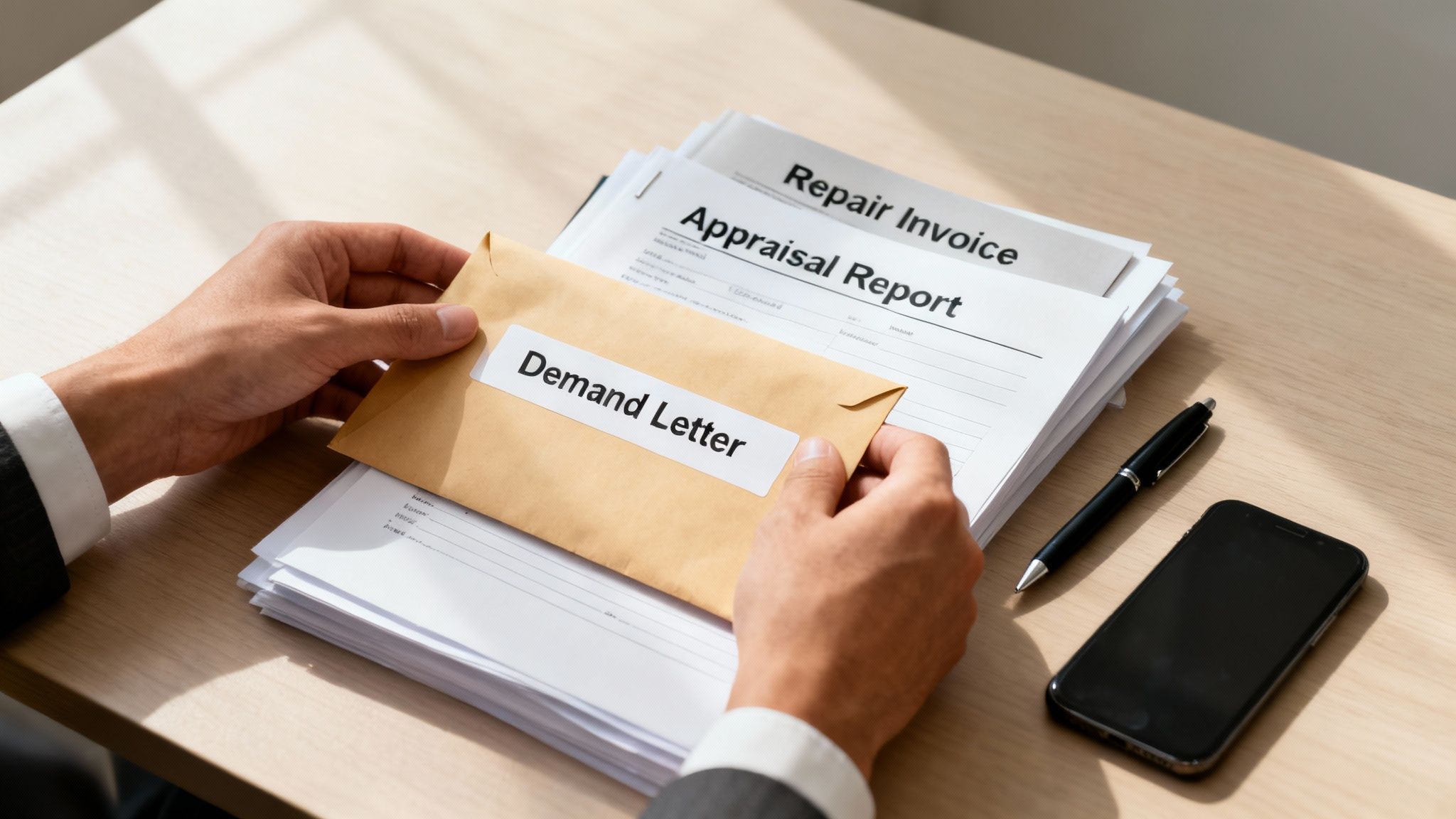 A person holds a 'Demand Letter' envelope over documents like 'Appraisal Report' and 'Repair Invoice' on a desk.