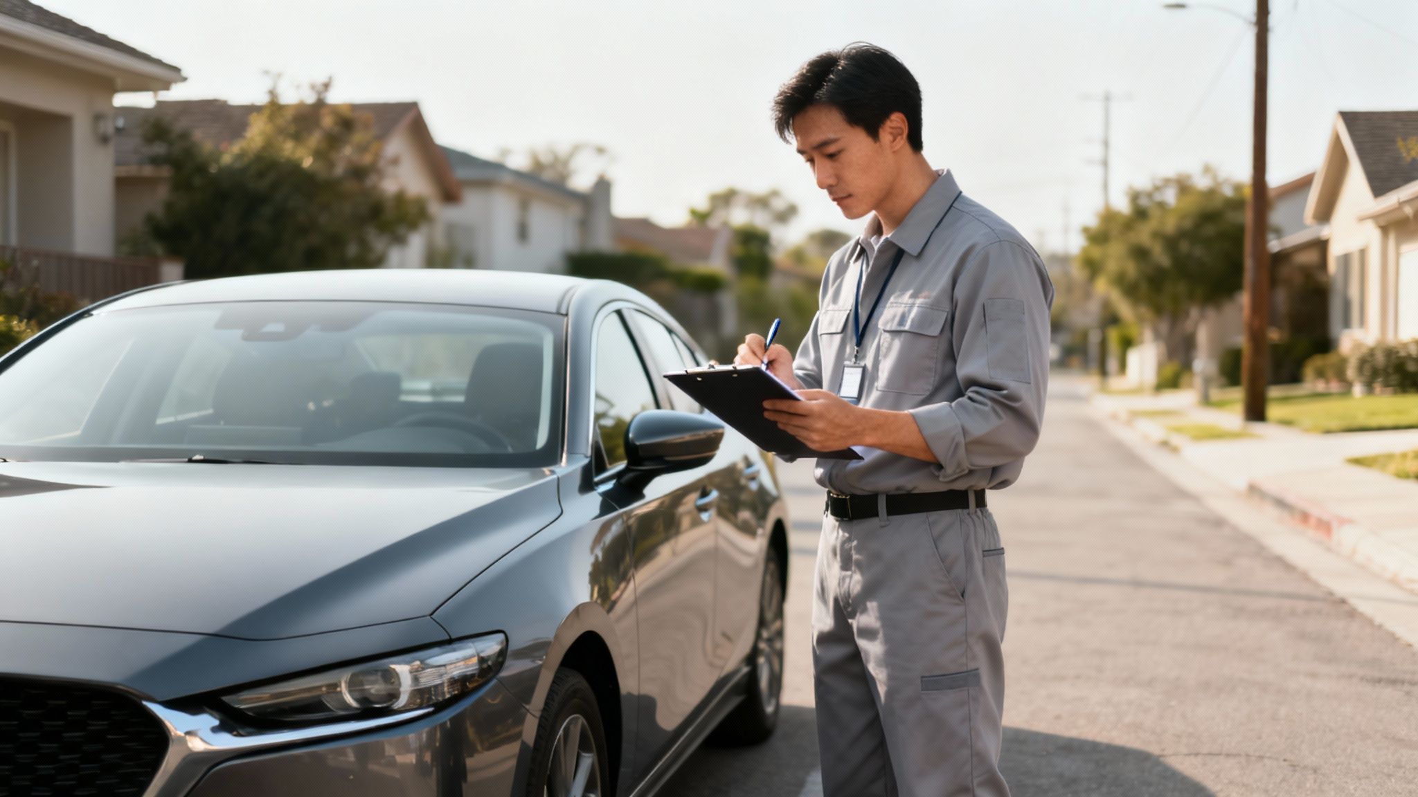An independent car appraiser inspecting the front of a silver sedan after an accident.