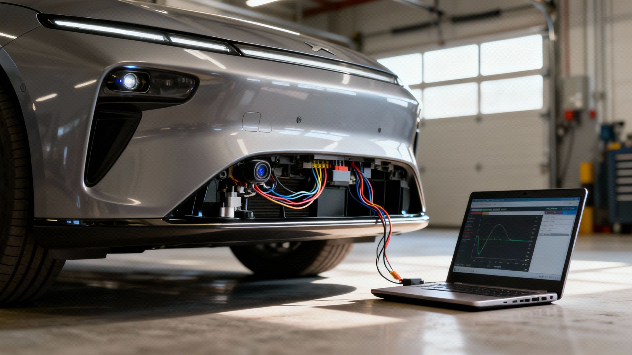 Grey car with exposed wiring and camera, connected to a laptop showing diagnostic data in a garage.