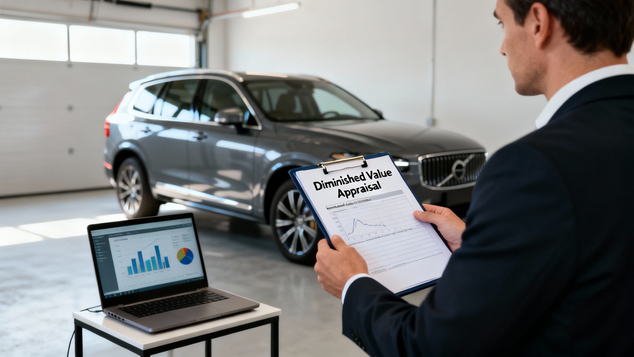 A man in a suit reviews a diminished value appraisal document for a grey SUV.