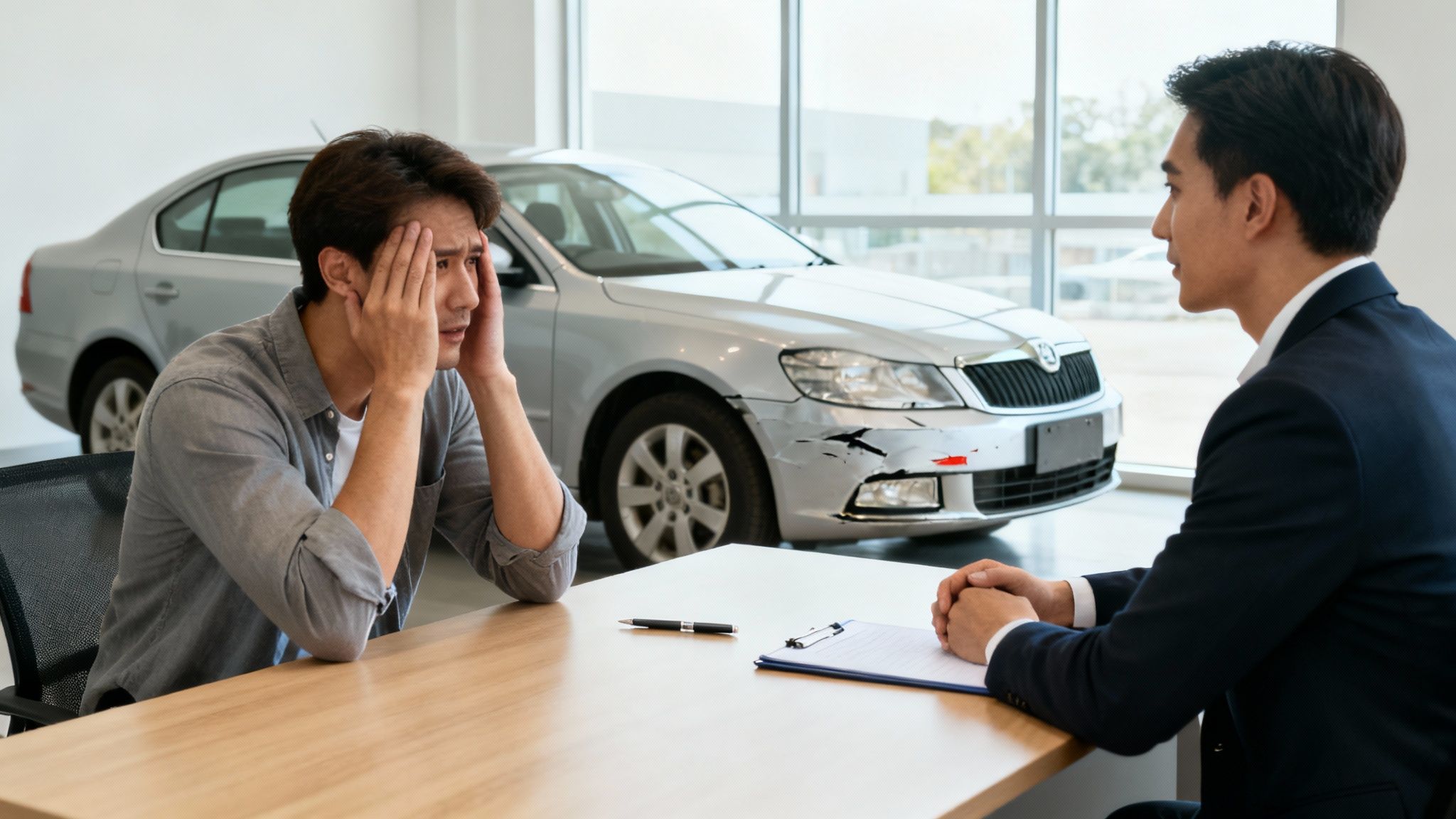 A white car with significant front-end damage sitting on the side of a road, representing a totaled vehicle.
