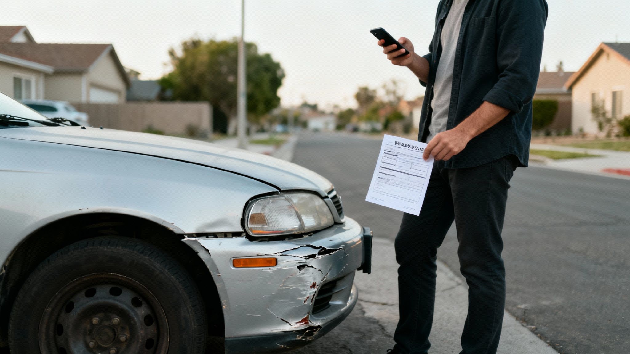 After a car accident, a man holds an insurance form and his phone next to his damaged vehicle.