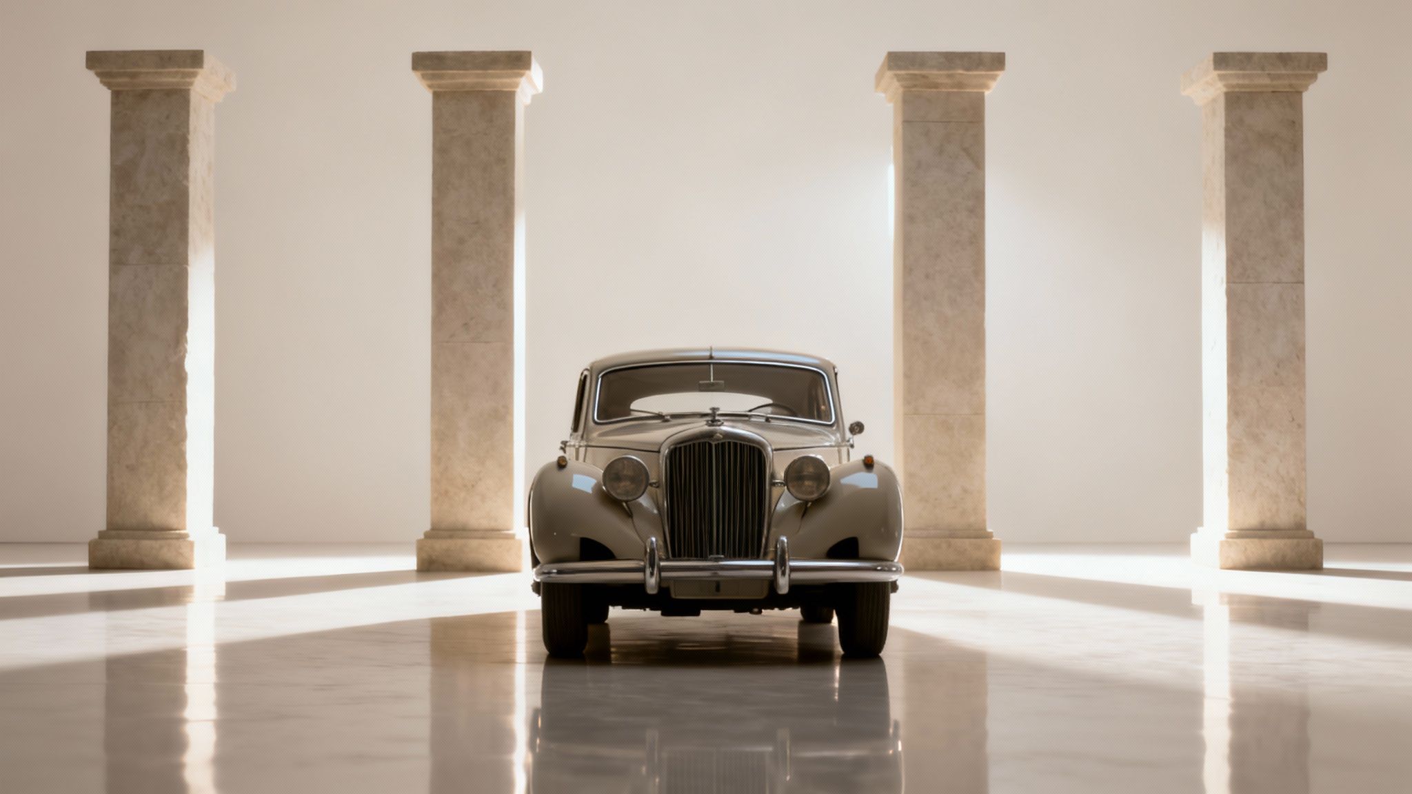 A vintage cream-colored car is centered between four stone pillars in a bright, reflective room.