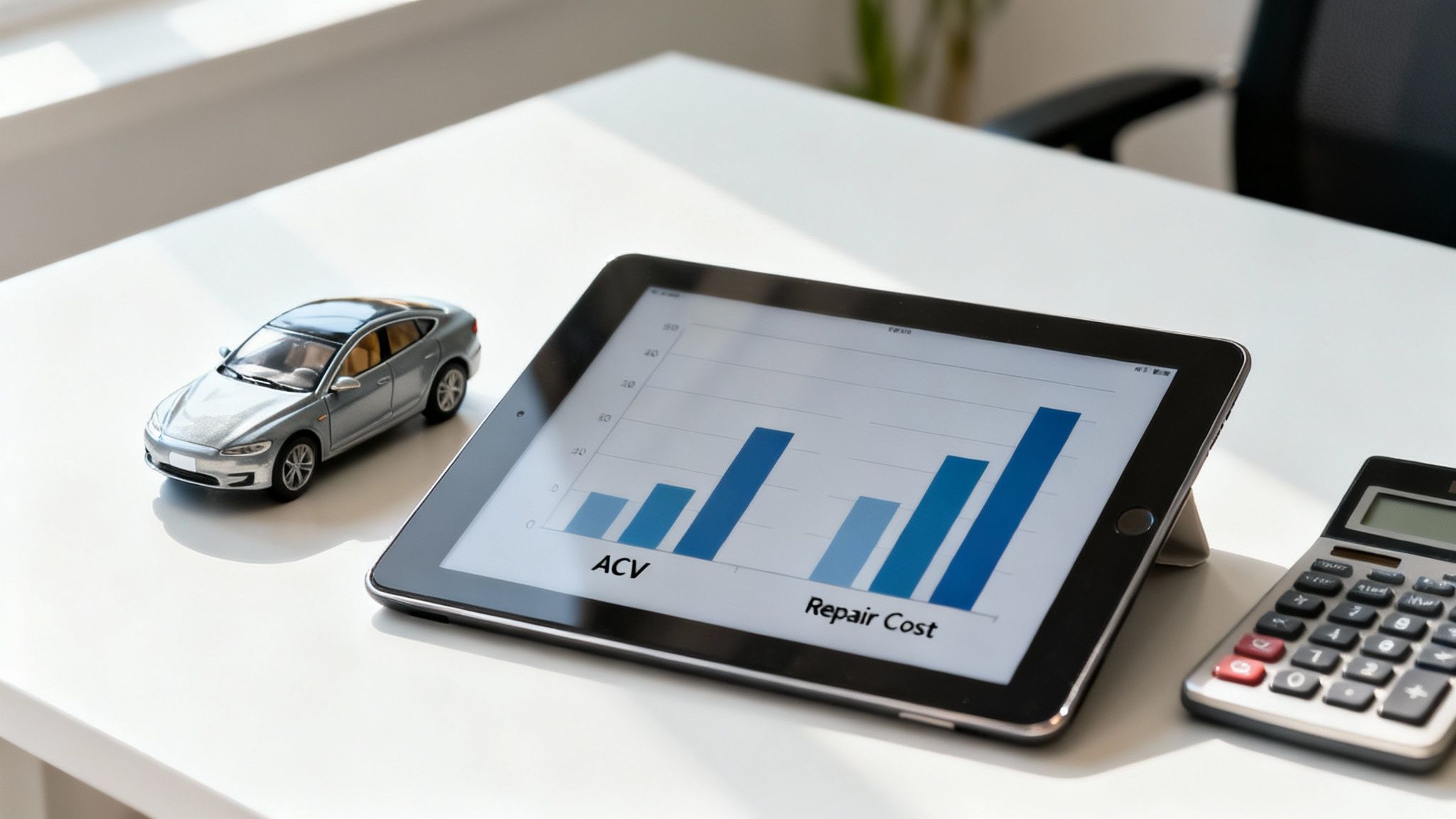 An insurance professional reviewing documents and vehicle photos on a tablet