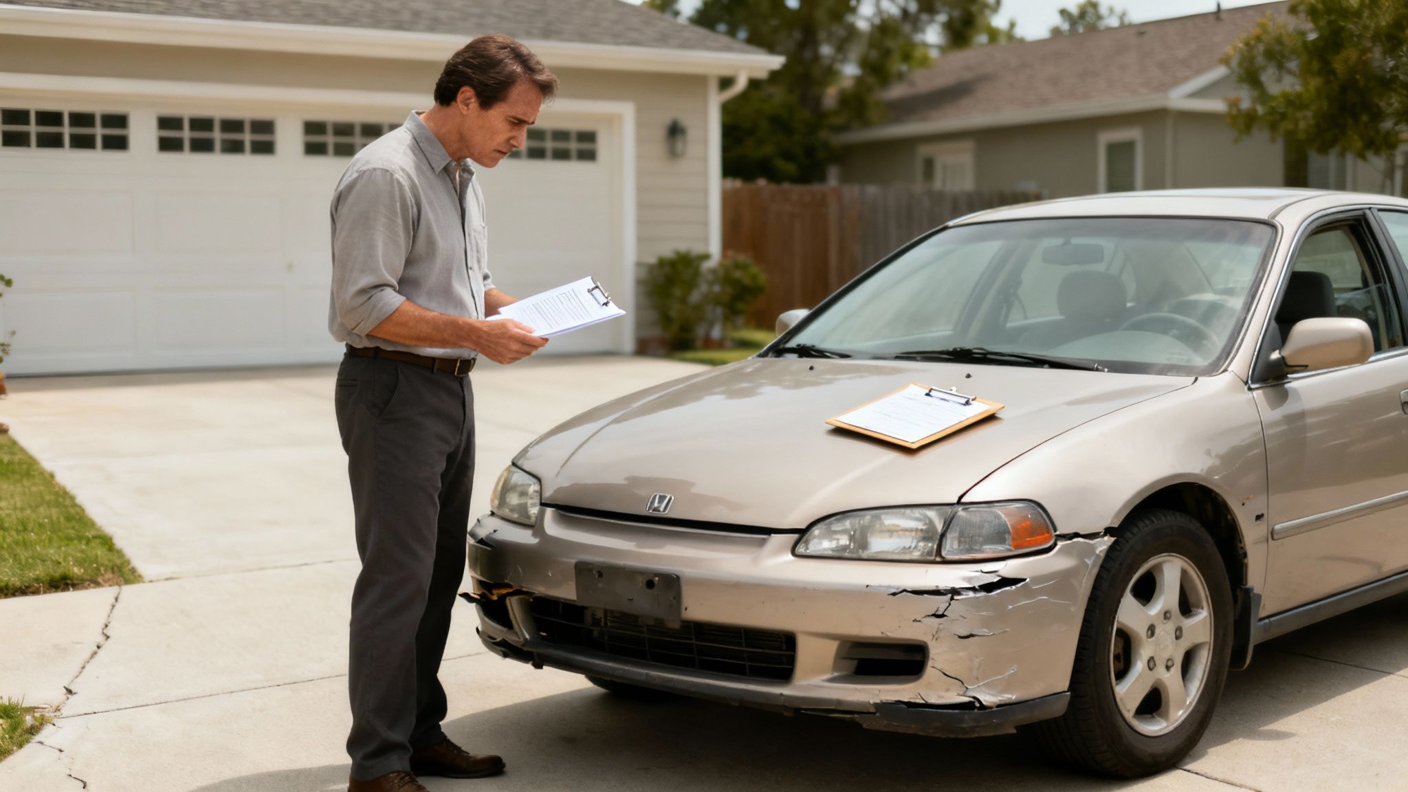 An insurance adjuster inspects a gold damaged car in a driveway, holding a clipboard.