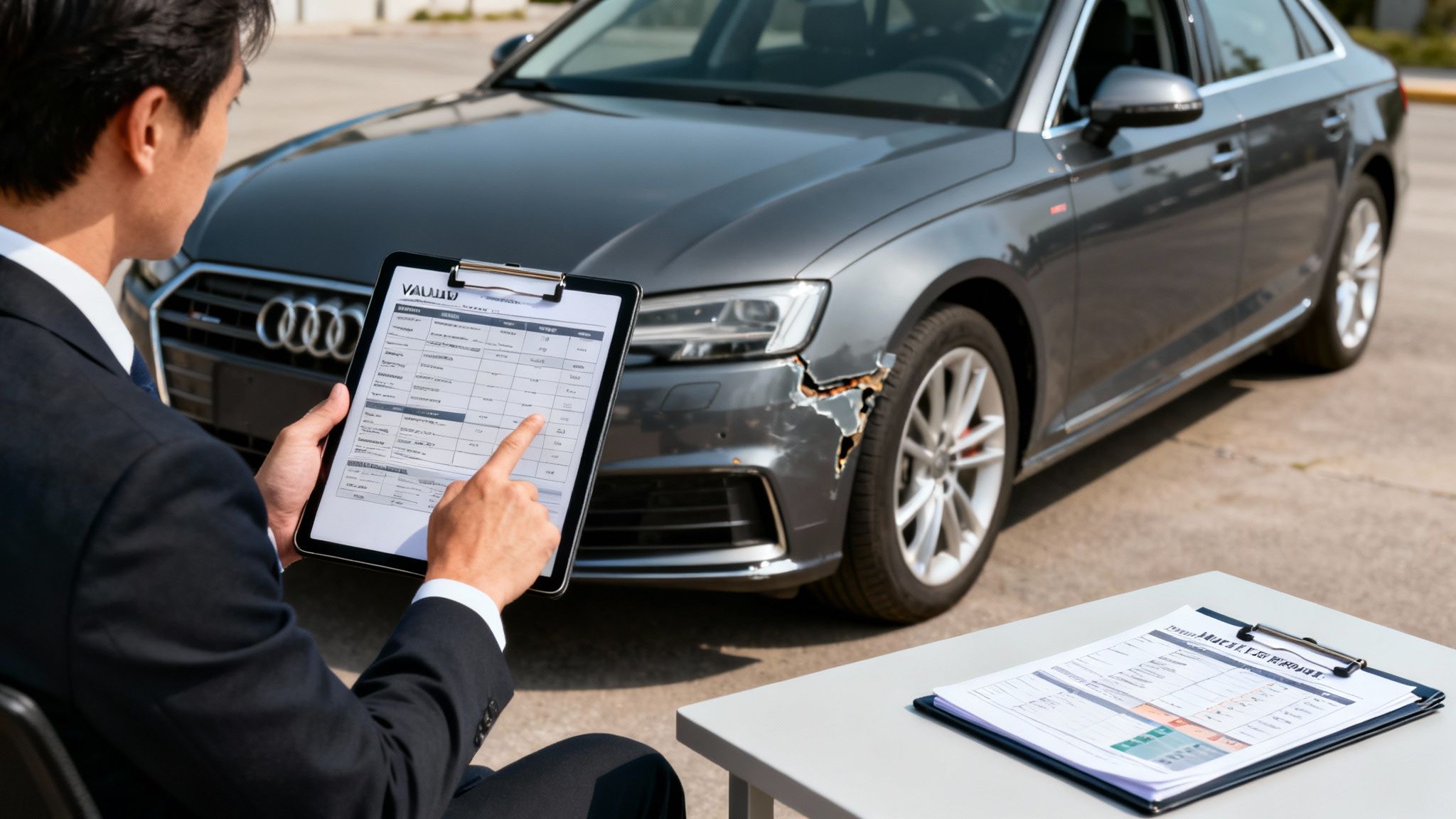 An insurance adjuster reviews car accident damage on a tablet, with a damaged grey car in the background.