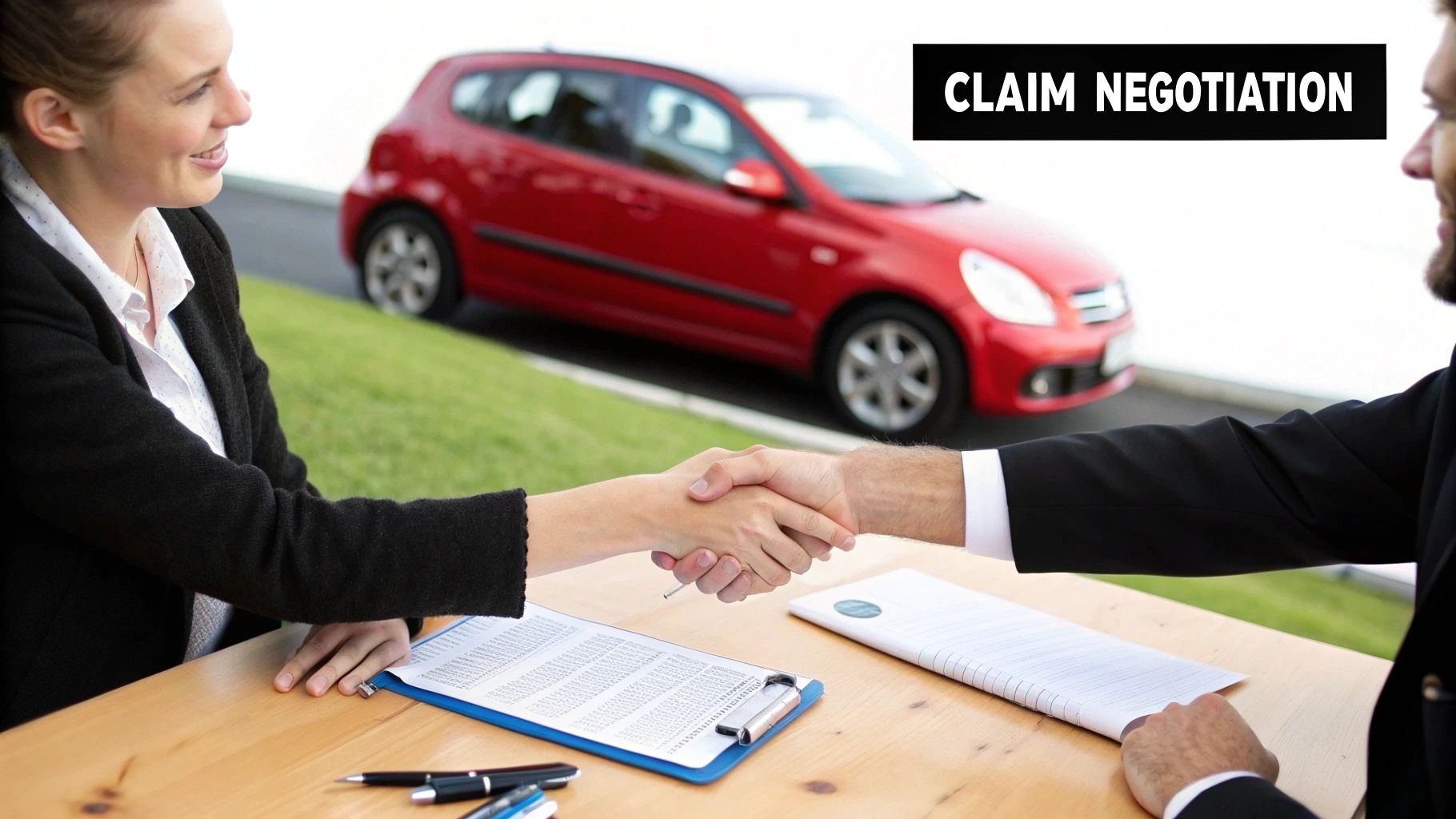 Two people shaking hands across a desk, sealing a deal.