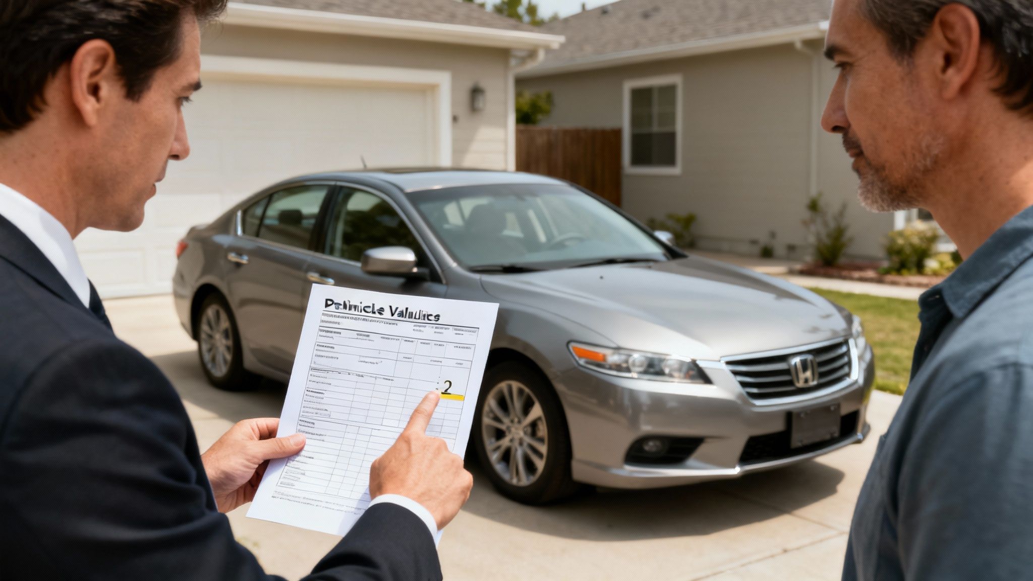 Salesman shows vehicle valuation document to customer in driveway with gray car.