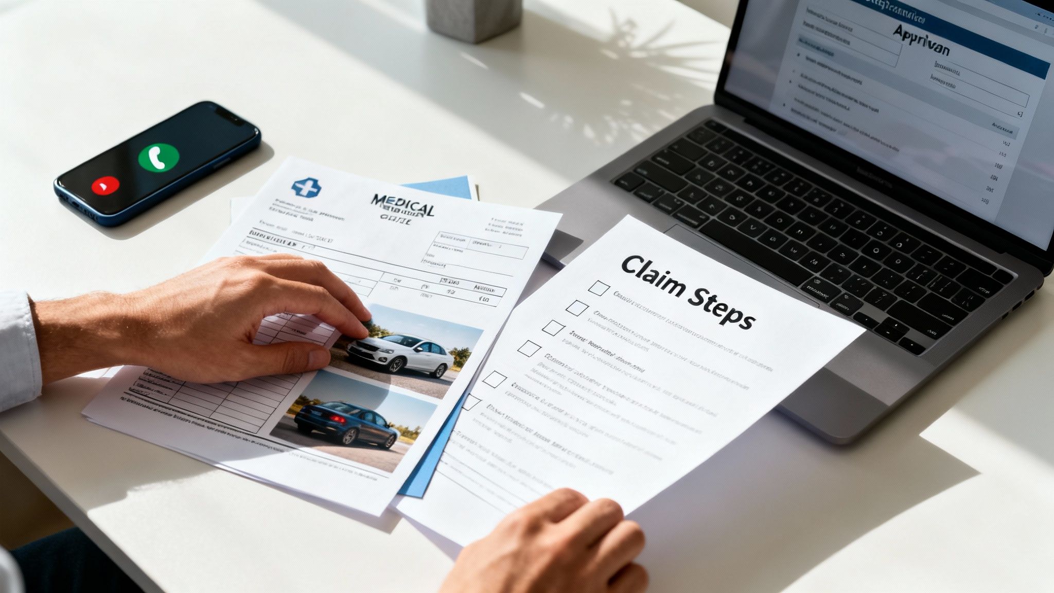 A person reviews car accident claim documents with car images, phone, and laptop.