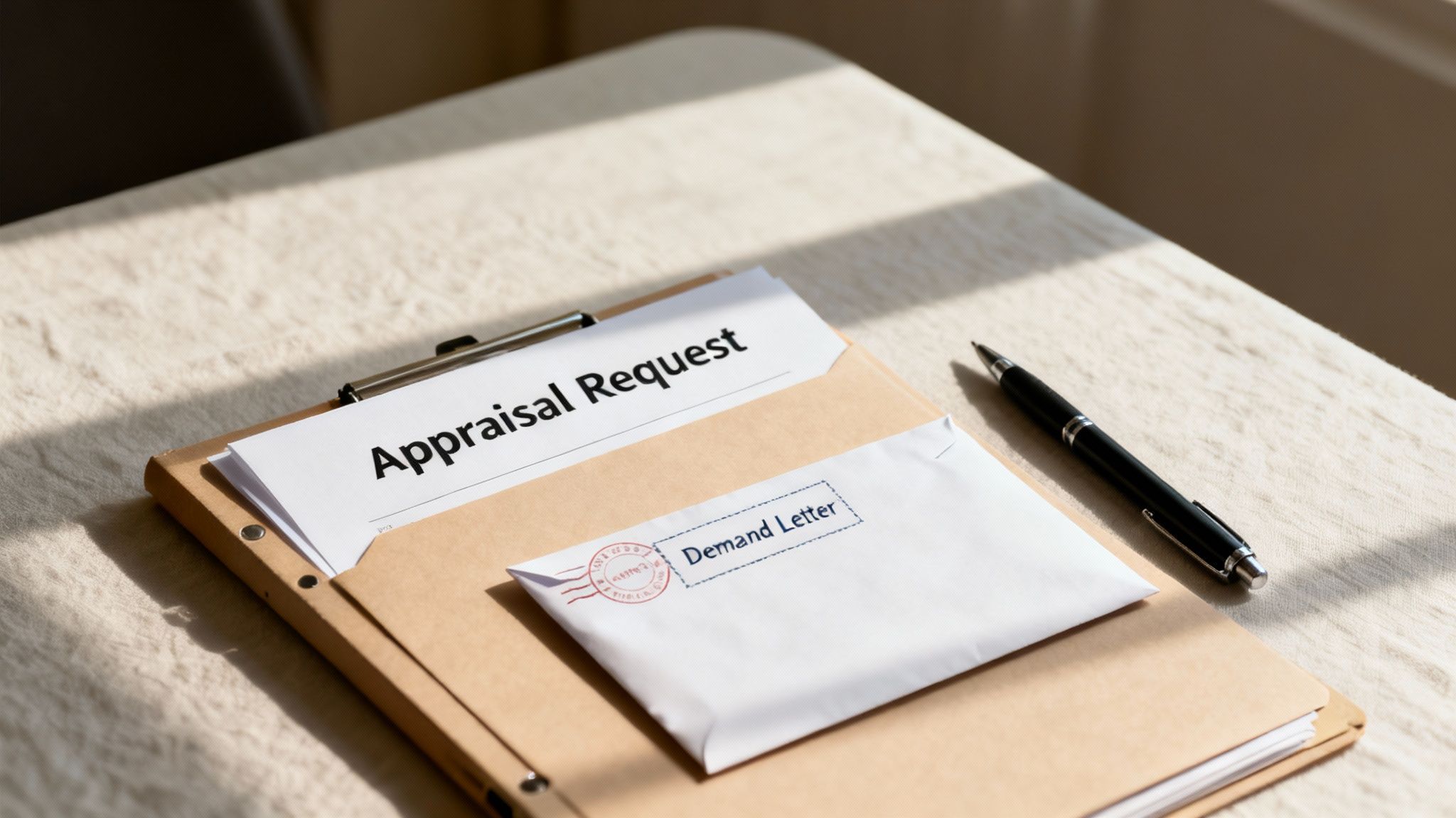 A document titled "Appraisal Request" on a clipboard, an envelope marked "Demand Letter," and a pen on a light table.